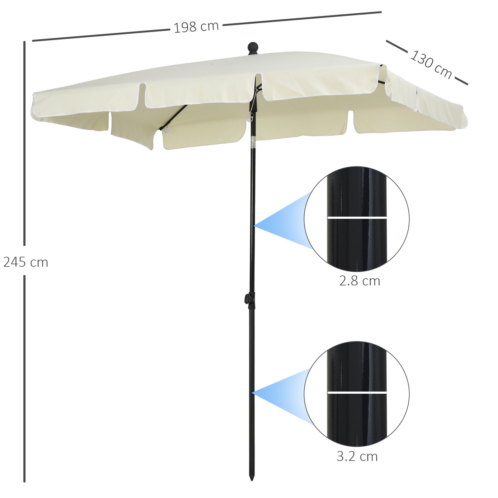 Outsunny Ombrellone da Giardino Rettangolare 2x1.3 m con Inclinazione Regolabile e Palo in Alluminio, Beige e Nero - 3