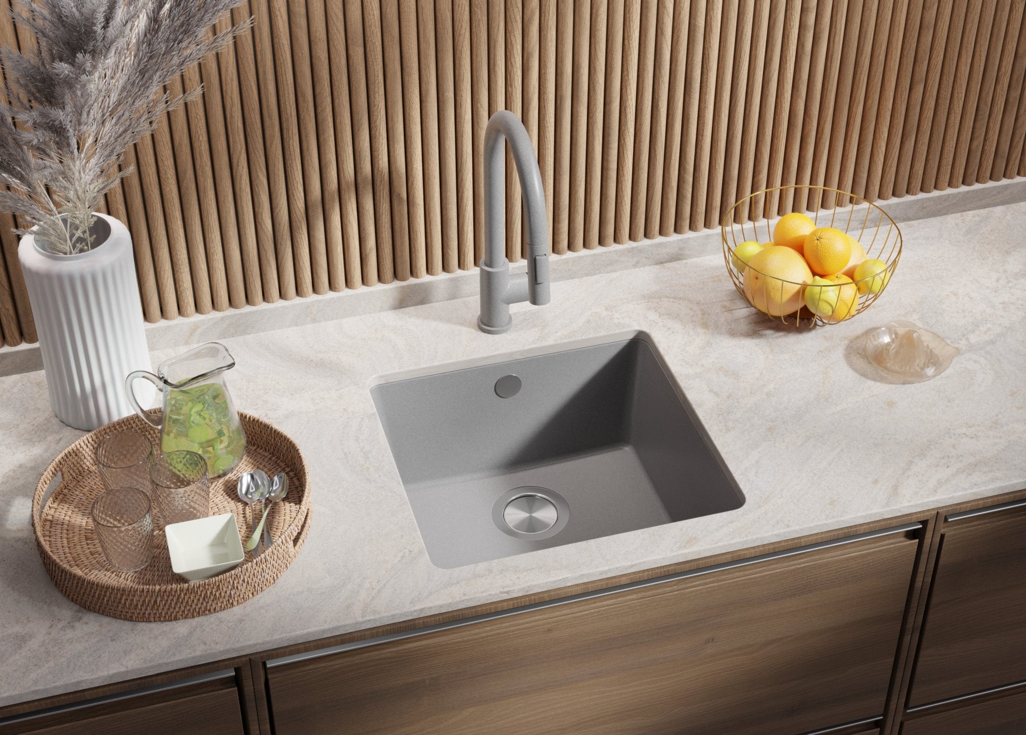 Evier Sous Plan Gris 46x44cm, Evier en Granit 1 bac + Kit de Vidage, Évier au meuble 50cm - Venise Easy PRIMAGRAN - 2