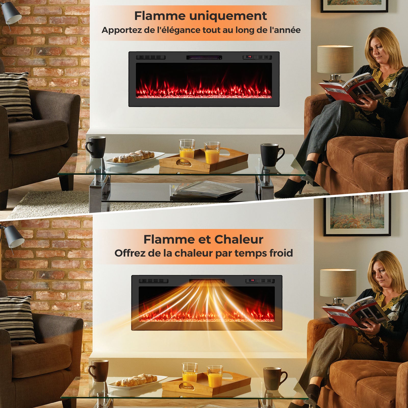 127cm Cheminée Électrique avec Chauffage 750W/1500W | Cheminee Decorative avec Effet Flamme LED | 12 Couleurs | 5 Luminosités | 5 Vitesses - 2