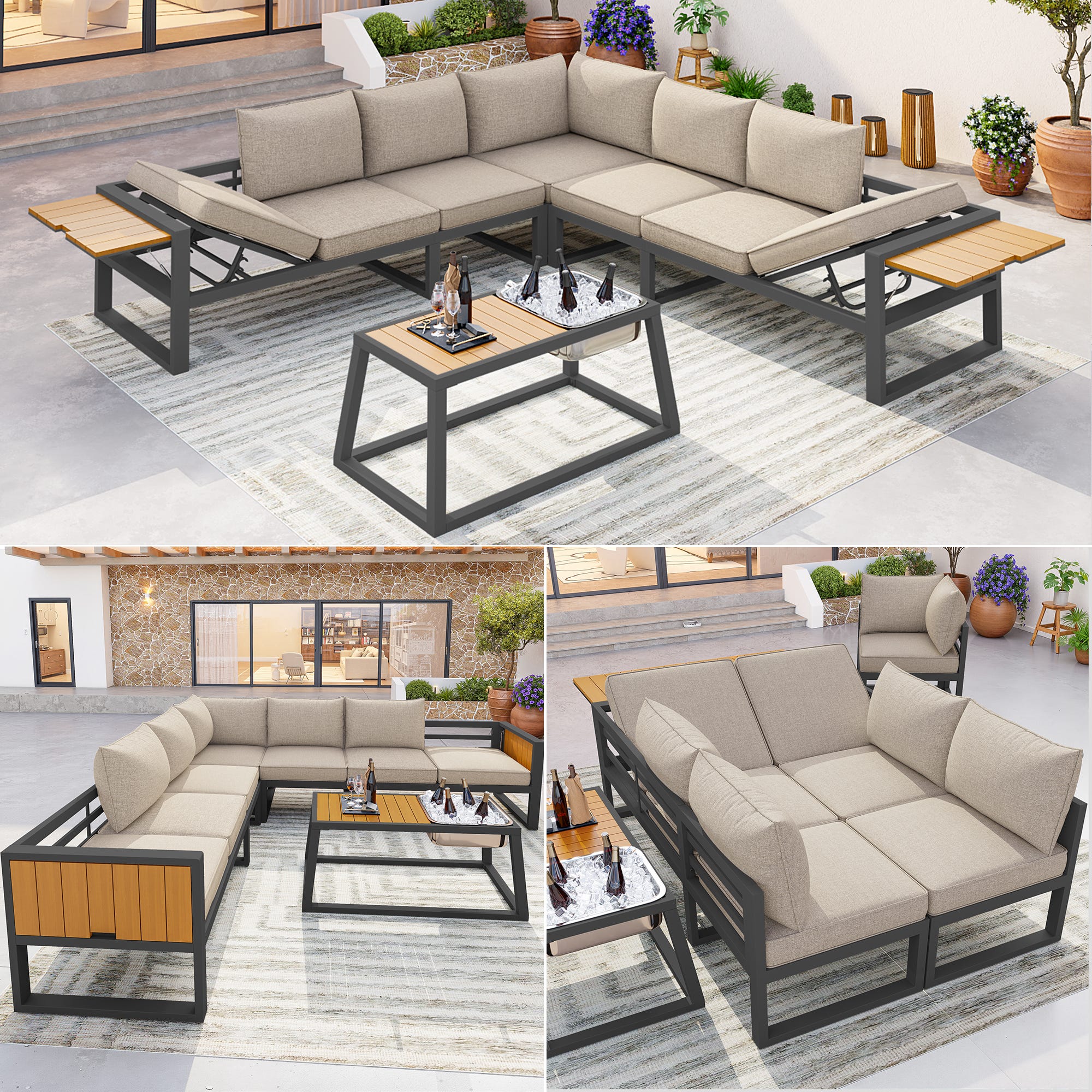 Ensemble table + chaises rotin poly, 6 places fauteuils, housses ...