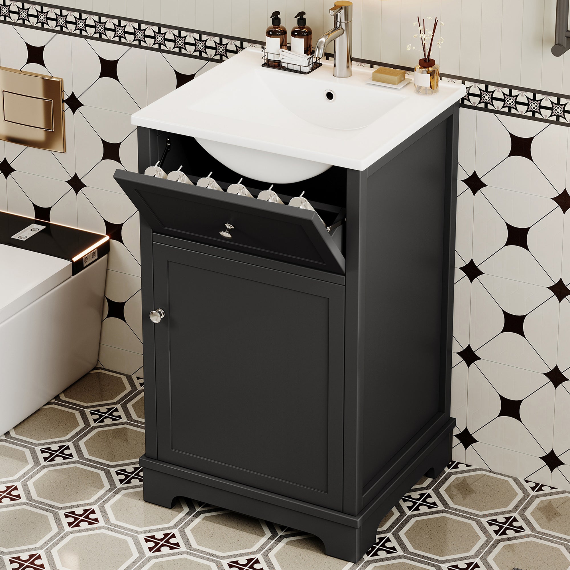 Meuble vasque en MDF 51 x 46 x 87 cm, entièrement laqué, avec tiroir coulissant et étagères réglables, pieds hauts, vasque intégrée, noir - 3