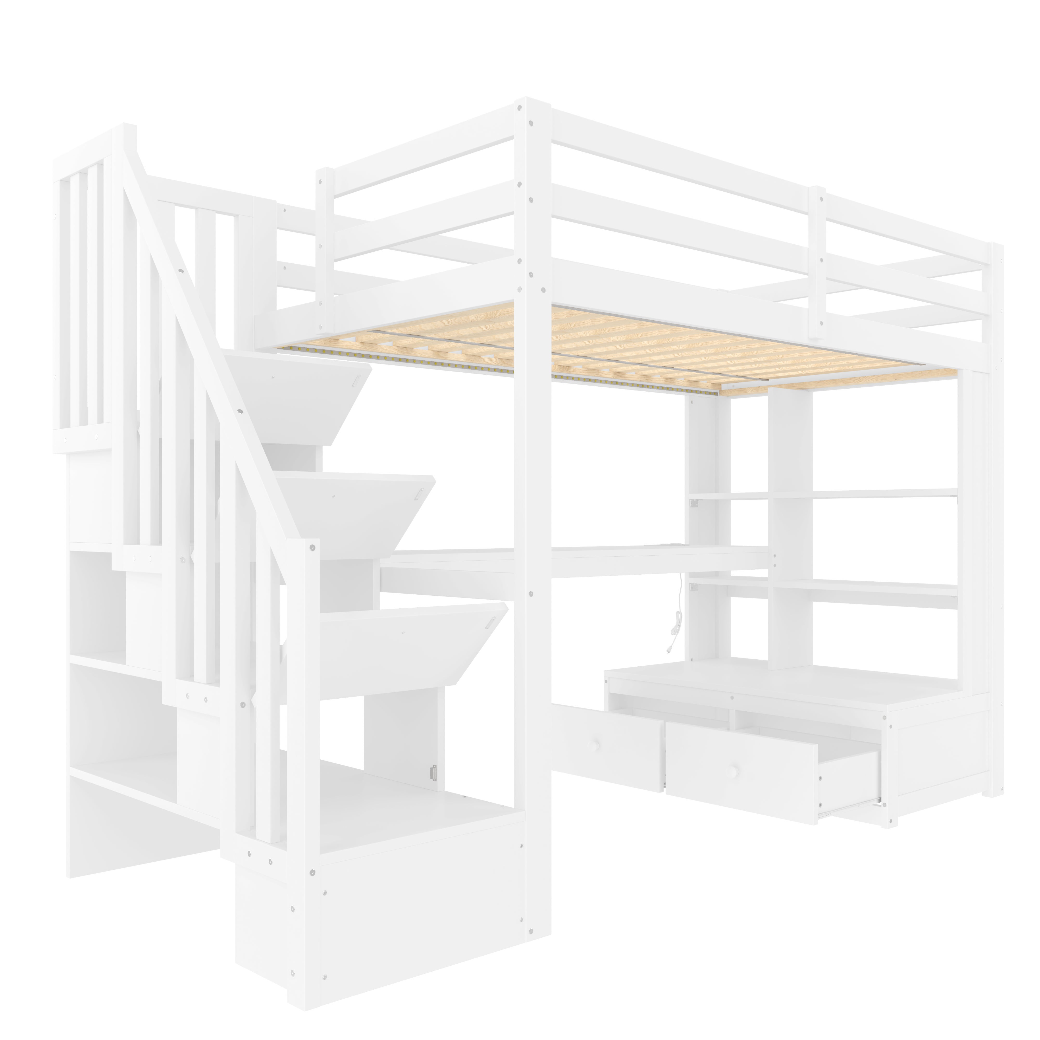 Lit mezzanine 90x200 cm - Avec bureau et étagère - Avec 2 tiroirs - Avec LED - Escalier de rangement - Blanc (matelas non inclus) - 4