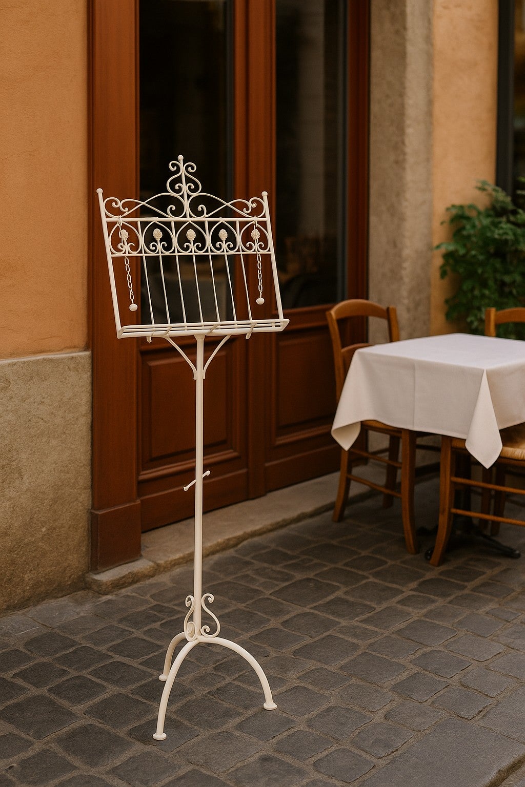 BISCOTTINI Pupitre de Musique Pliable en Fer Forgé - Chevalet Présentoir Publicitaire, Finition Blanche Antique - Porte-Menu, 46x32x139cm - 9