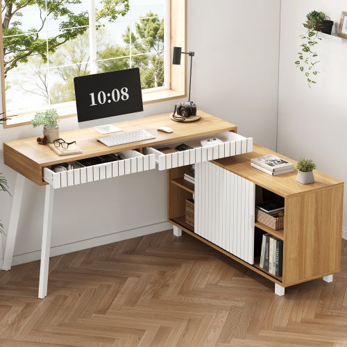 Bureau en L 140x120x76,5cm, style moderne, motif à rayures verticales, pieds en acier, deux tiroirs, grand espace de rangement - 4