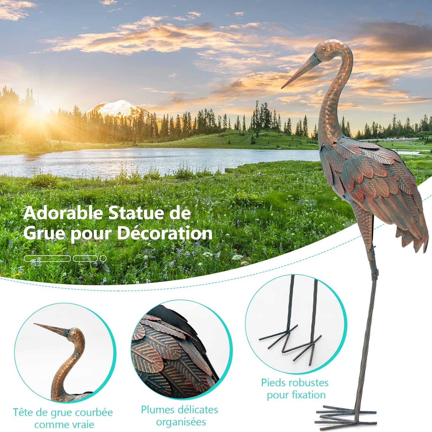 Statue de Grue Debout Lot de 2 pour Jardin Cadre en Métal Imperméable, Sculptures Extérieure Plumes de Couleur Dégradée Animaux Realiste - 6