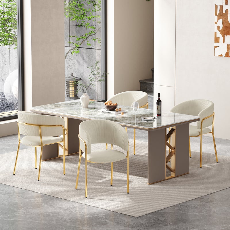 Zestaw 4 krzeseł do jadalni z podłokietnikami - 55 x 55 x 80 cm - Aksamit i złote metalowe nogi - Beżowy