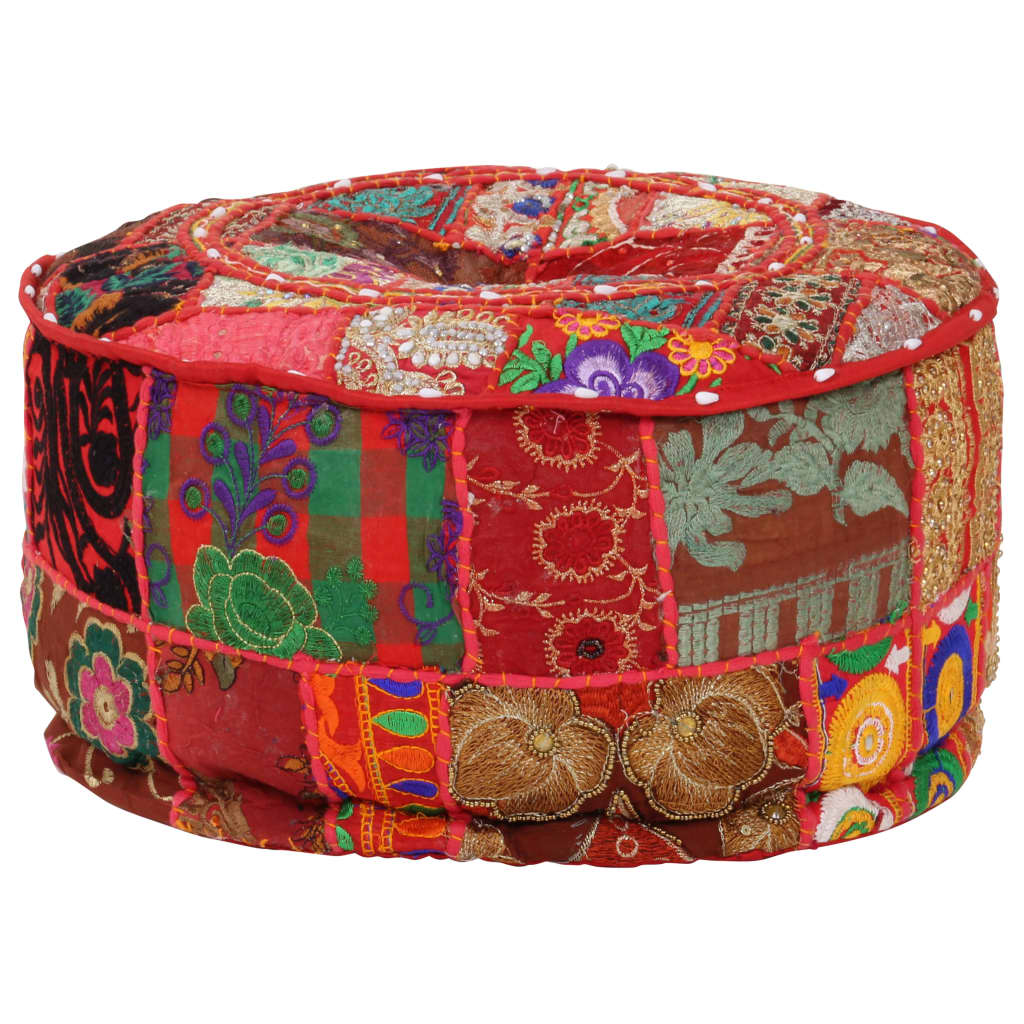 Pufe redondo feito à mão em algodão patchwork 40x20 cm vermelho - 5