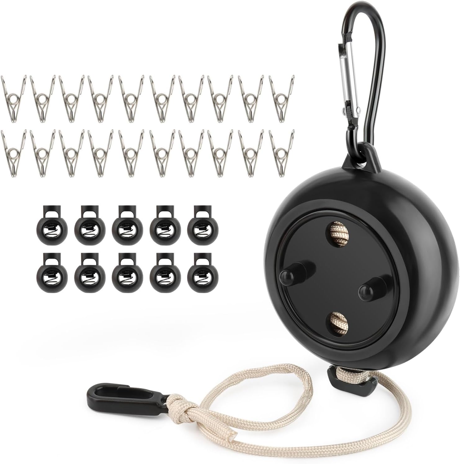 Przenośny rozwijany sznur na pranie o długości 10 m z 10 pętlami mocującymi i 20 klipsami przeciwwiatrowymi, akcesoria podróżne na kemping