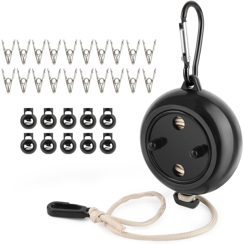 Przenośny rozwijany sznur na pranie o długości 10 m z 10 pętlami mocującymi i 20 klipsami przeciwwiatrowymi, akcesoria podróżne na kemping