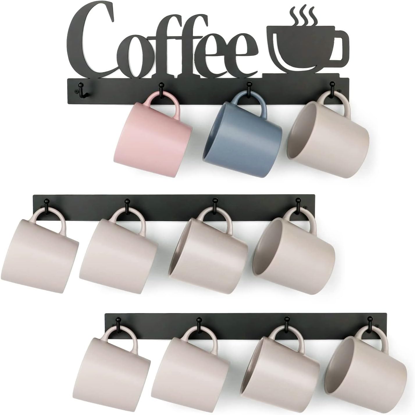 Porte-Tasses Mural 3 Niveaux 12 Crochets + Plateau – Style Rustique Marron/Noir, Cuisine & Café
