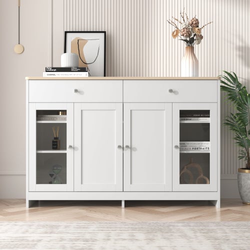 Aparador con veta de madera blanca,cuatro puertas,dos cajones y una puerta con cristal,sala y comedor,color madera y blanco.