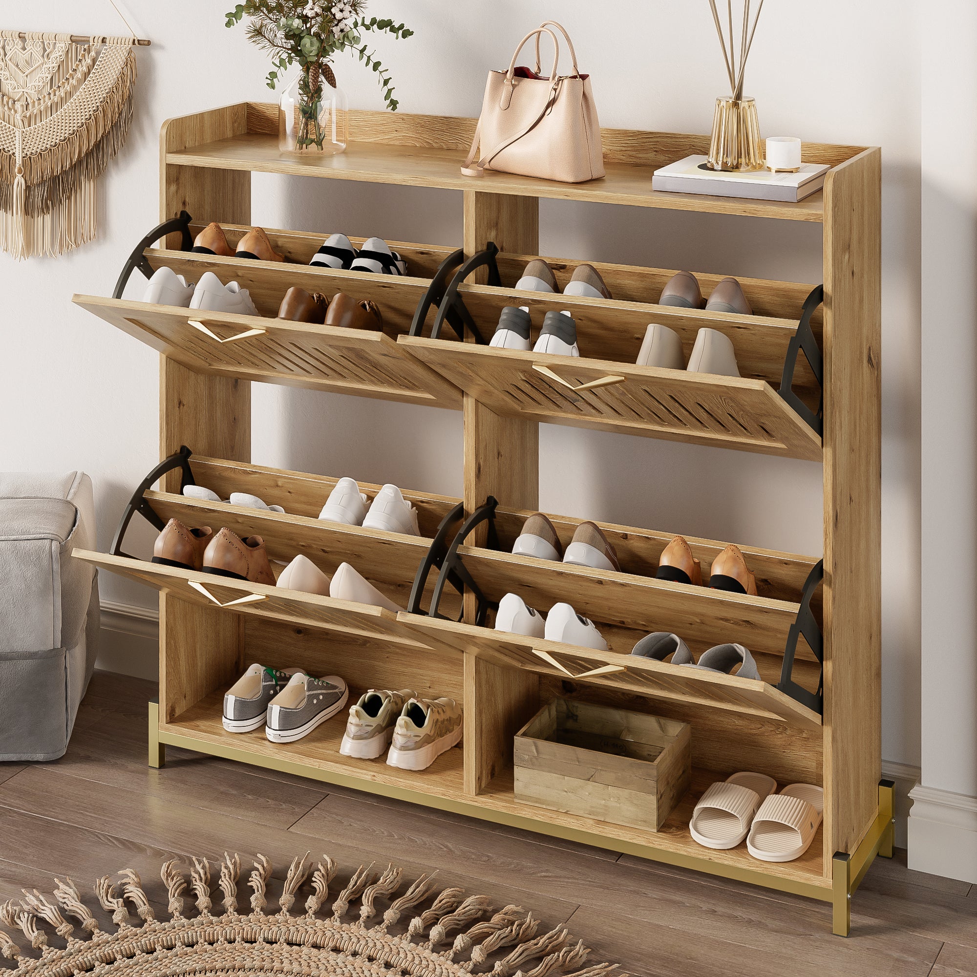 Szafa na buty 108.5x24x100 cm - 4 fronty - Konstrukcja metalowa - Górna półka - MDF - Kolor naturalny - 4