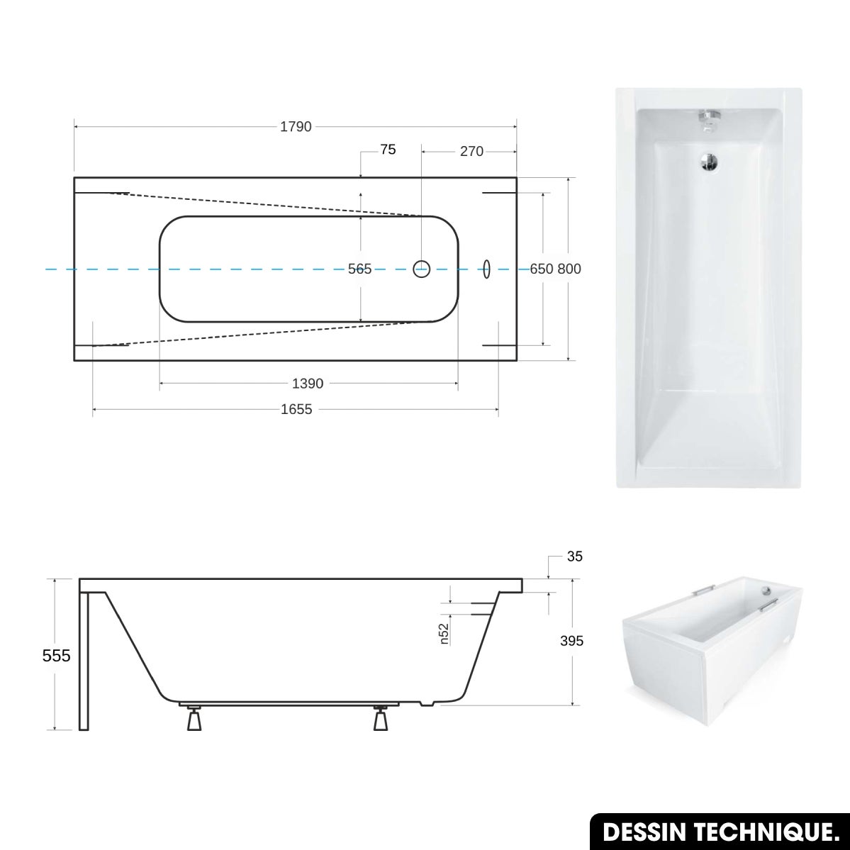 Baignoire rectangulaire de 180 x 80 cm - avec Tablier Blanc et Repose Tête OFFERT - MODERN - 3