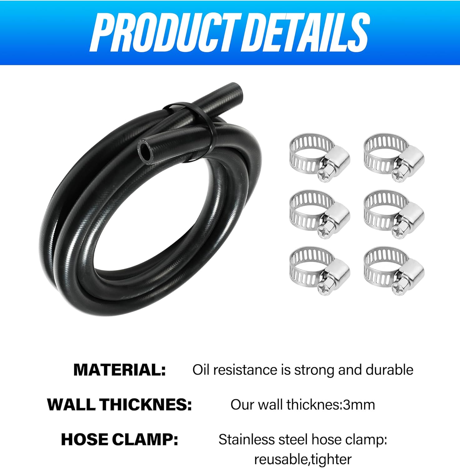 Tuyau de Carburant Voiture, Durite Essence Ø10 mm,Noir, Caoutchouc Nitrile,1 m,6 Colliers de Serrage, Pour Voitures, Tracteurs,Véhicules Tout Terrain - 3