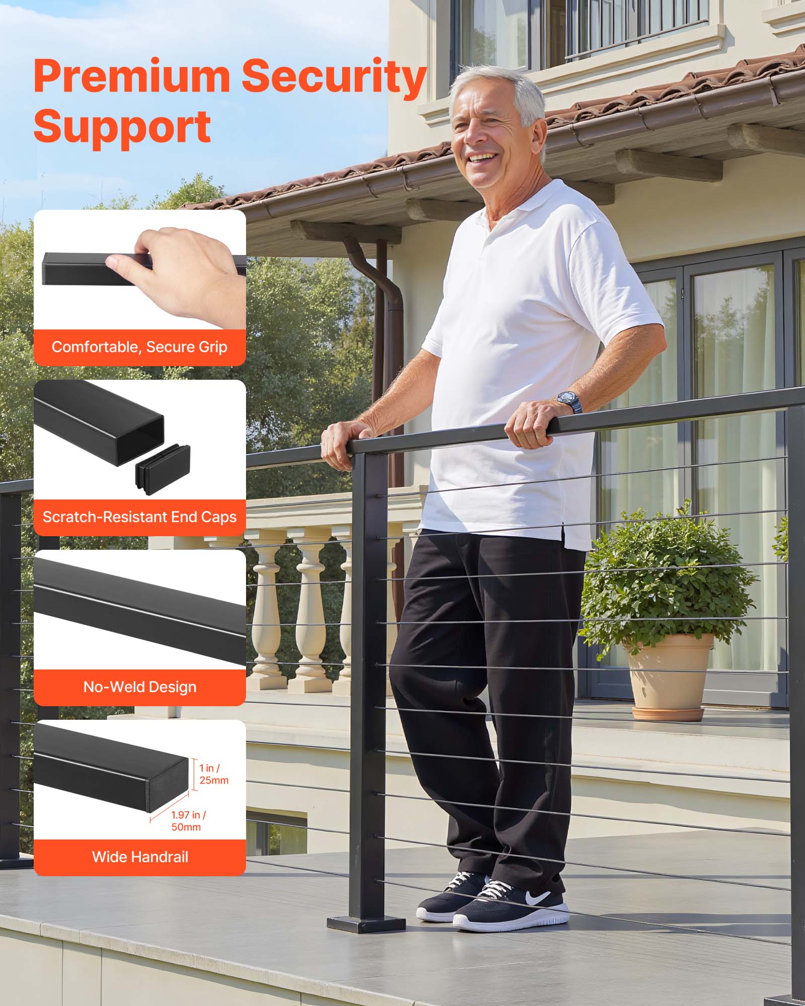 Kit balaustra a cavo VEVOR 198 cm, acciaio inox nero opaco, pali 89 cm, cavi 8 cm, per interni, esterni, terrazze - 5