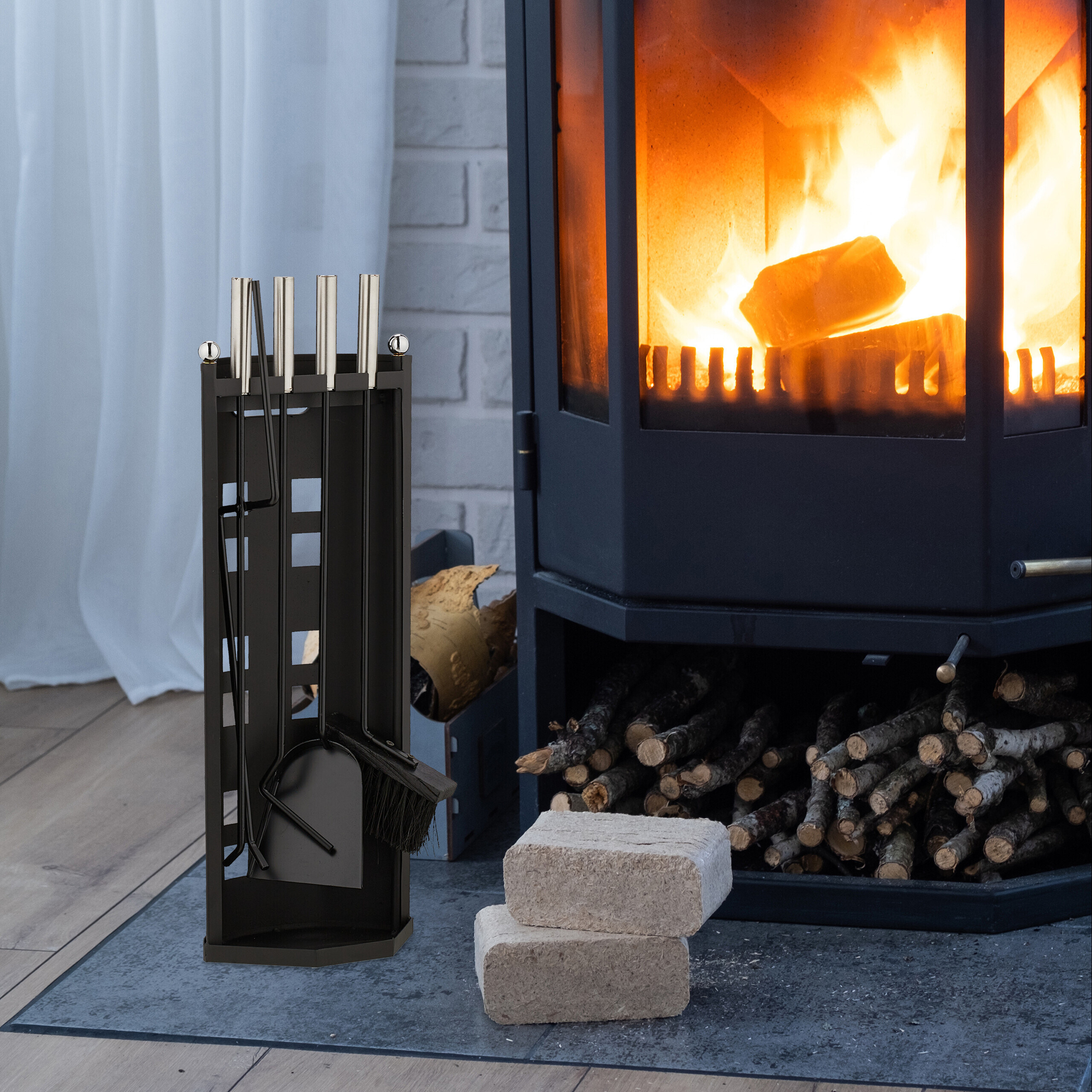 Relaxdays Couverts à cheminée, 5 pièces, serviteur, tisonnier, pelle à cendres, balai, pince & support moderne, noir - 6