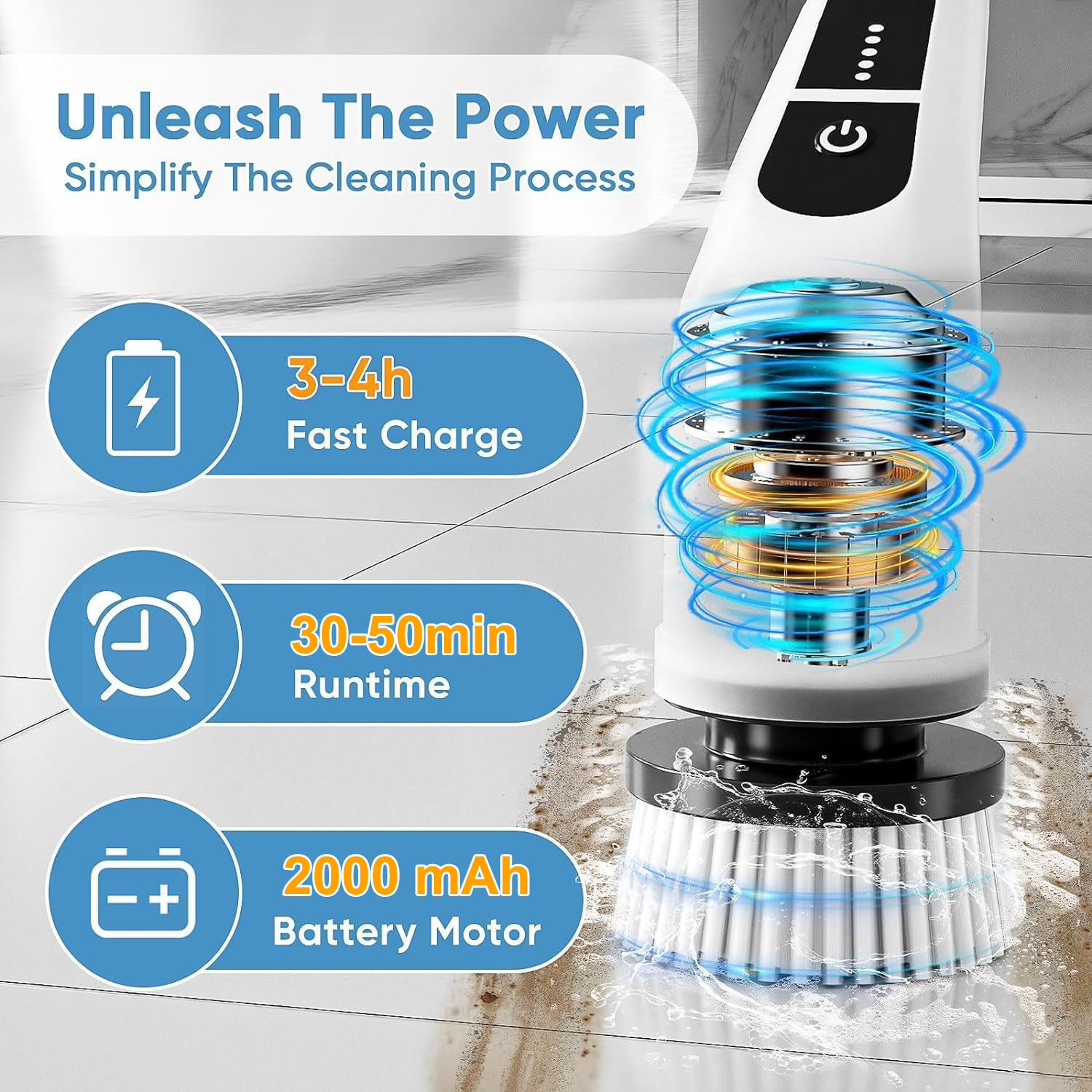 Brosse de nettoyage électrique sans fil, Autolaveuse électrique rotative, Nettoyeur électrique, Brosse de douche avec 9 têtes de brosse remplaçables - 4