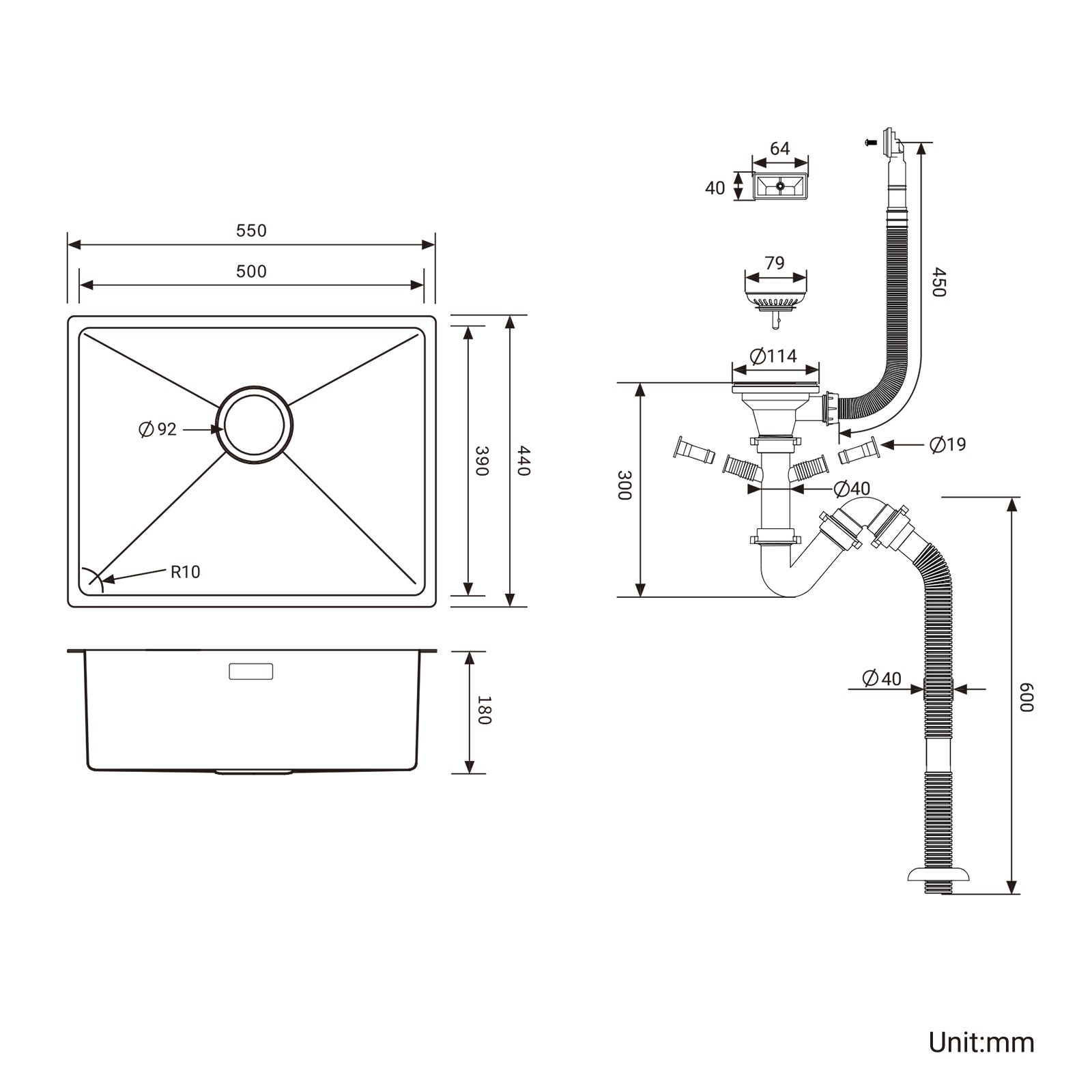 AuraLum Max Évier Cuisine 1 Bac 55*44*19CM Évier Montage à Encastrer,à Fleur/Sous-Plan &nbsp;Évier en Inox 304 Brossé avec Siphon /Trop-Plein,EU Modèle - 4