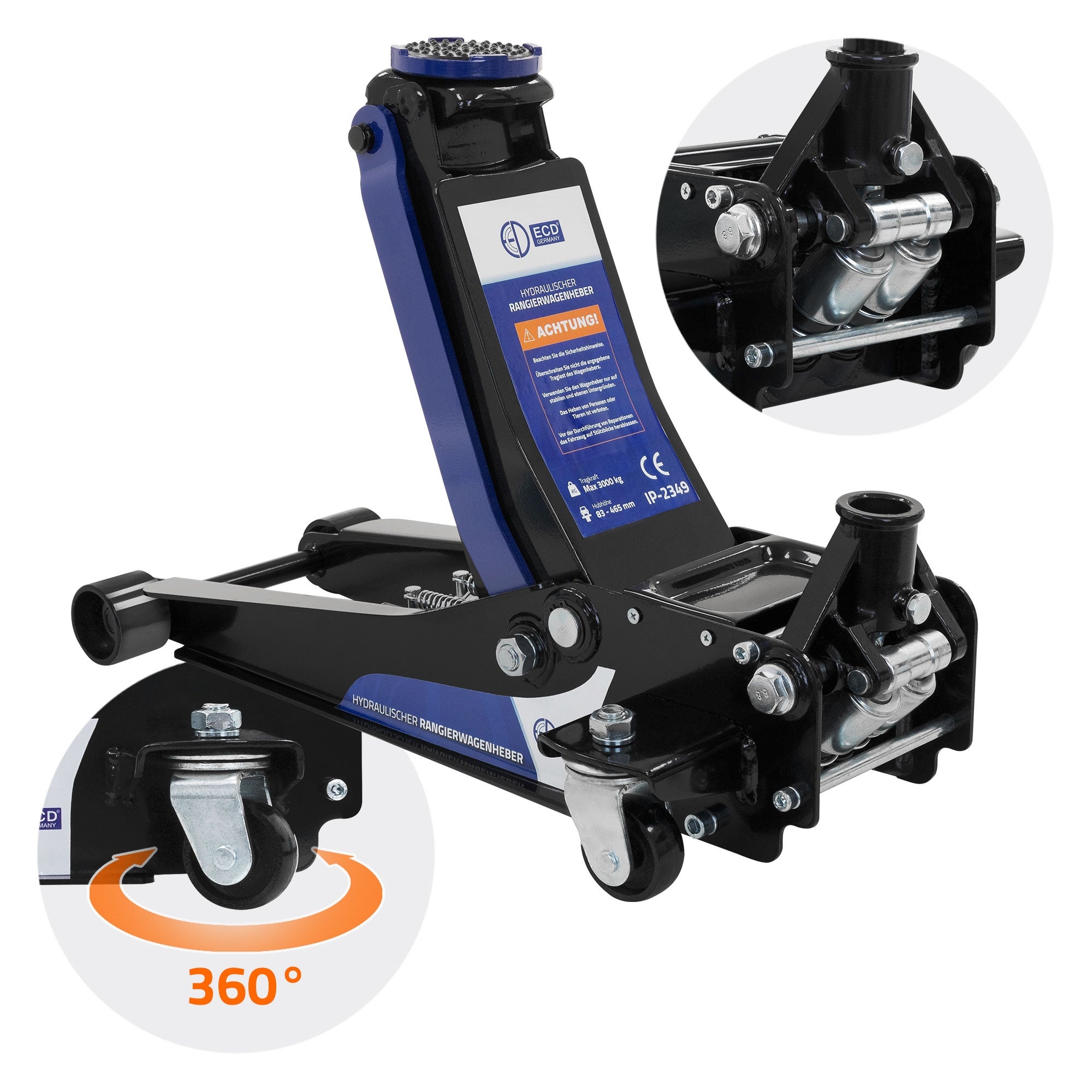 ECD Germany Macaco hidráulico para automóveis 3T com altura de elevação de 83-465 mm com 2 almofadas de borracha e alavanca longa com roletes de 360° - 2