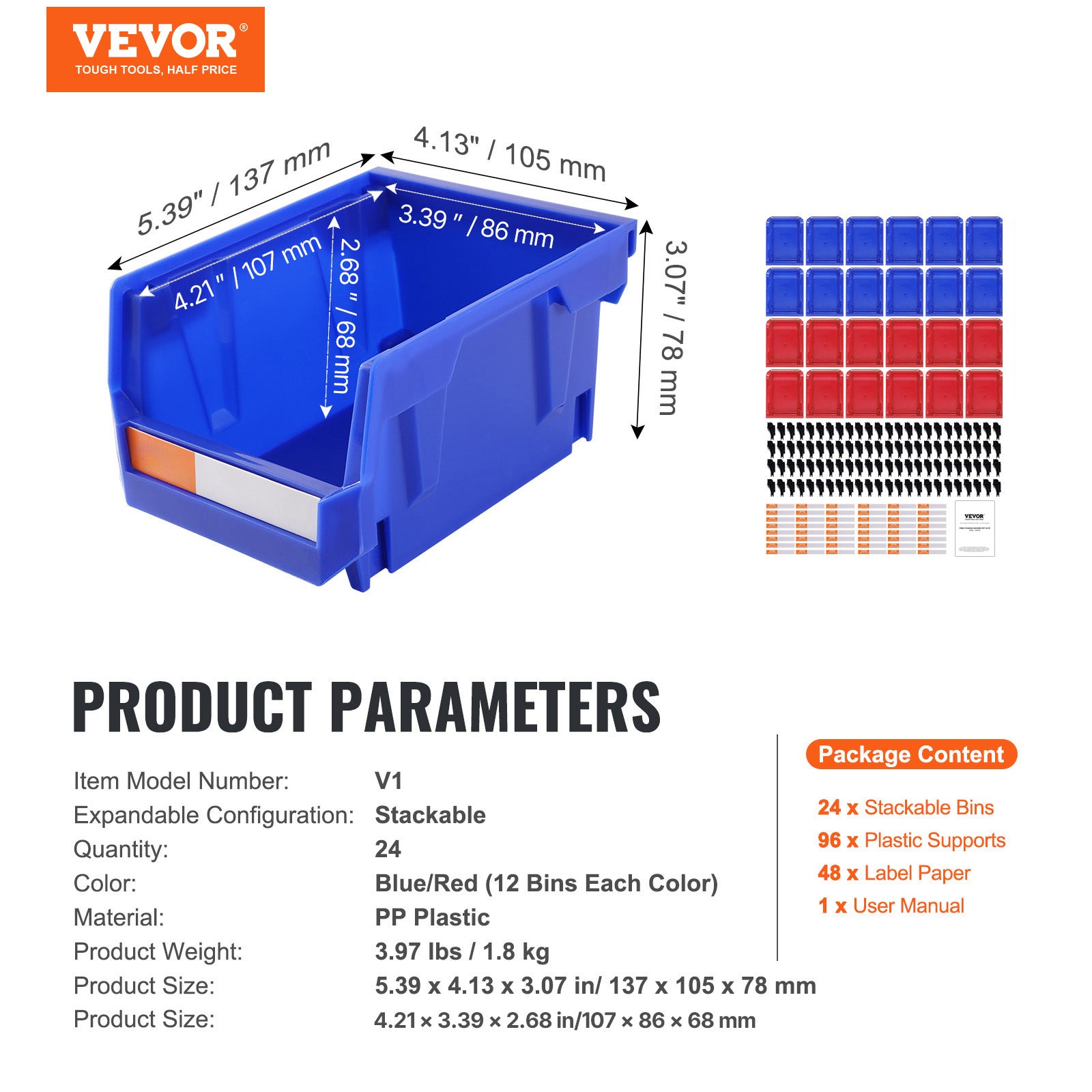 Bac à Bec Plastique VEVOR 24 Boites Rangement Empilables Atelier 137x105x78 mm Bleu/Rouge Combinaison Conteneurs Stockage Robustes pour Placard - 9