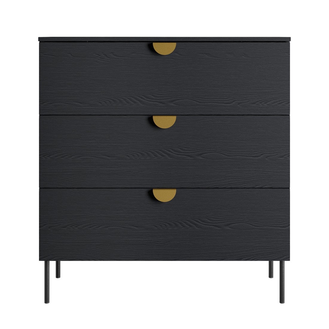 Commode MONDO – Noir structuré et doré – 3 tiroirs – Pieds métal ...