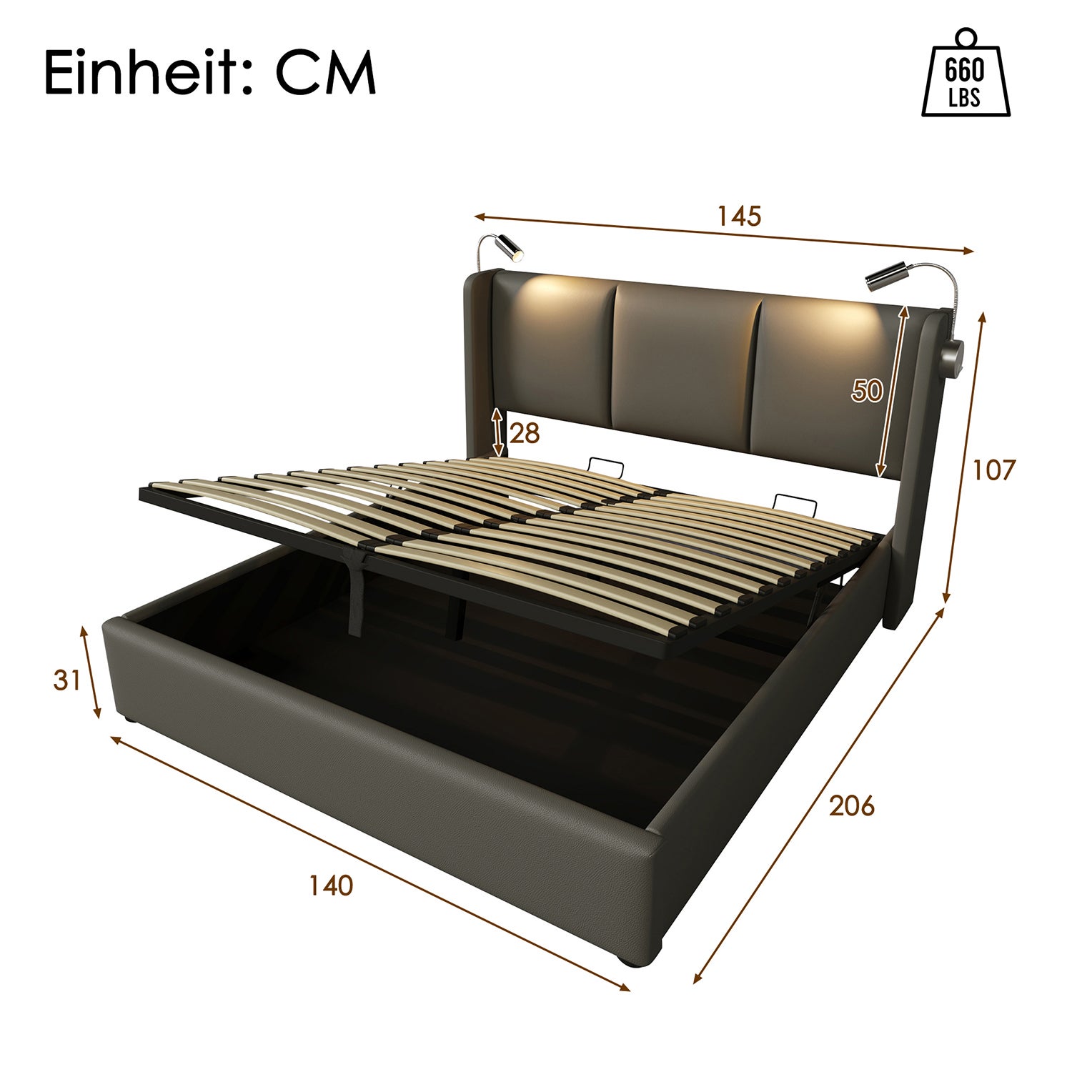 Lit coffre Lit capitonné lit de rangement tiroirs liseuse avec chargement USB tête de lit, lit jeune en PU 140x200 (sans matelas) - 3