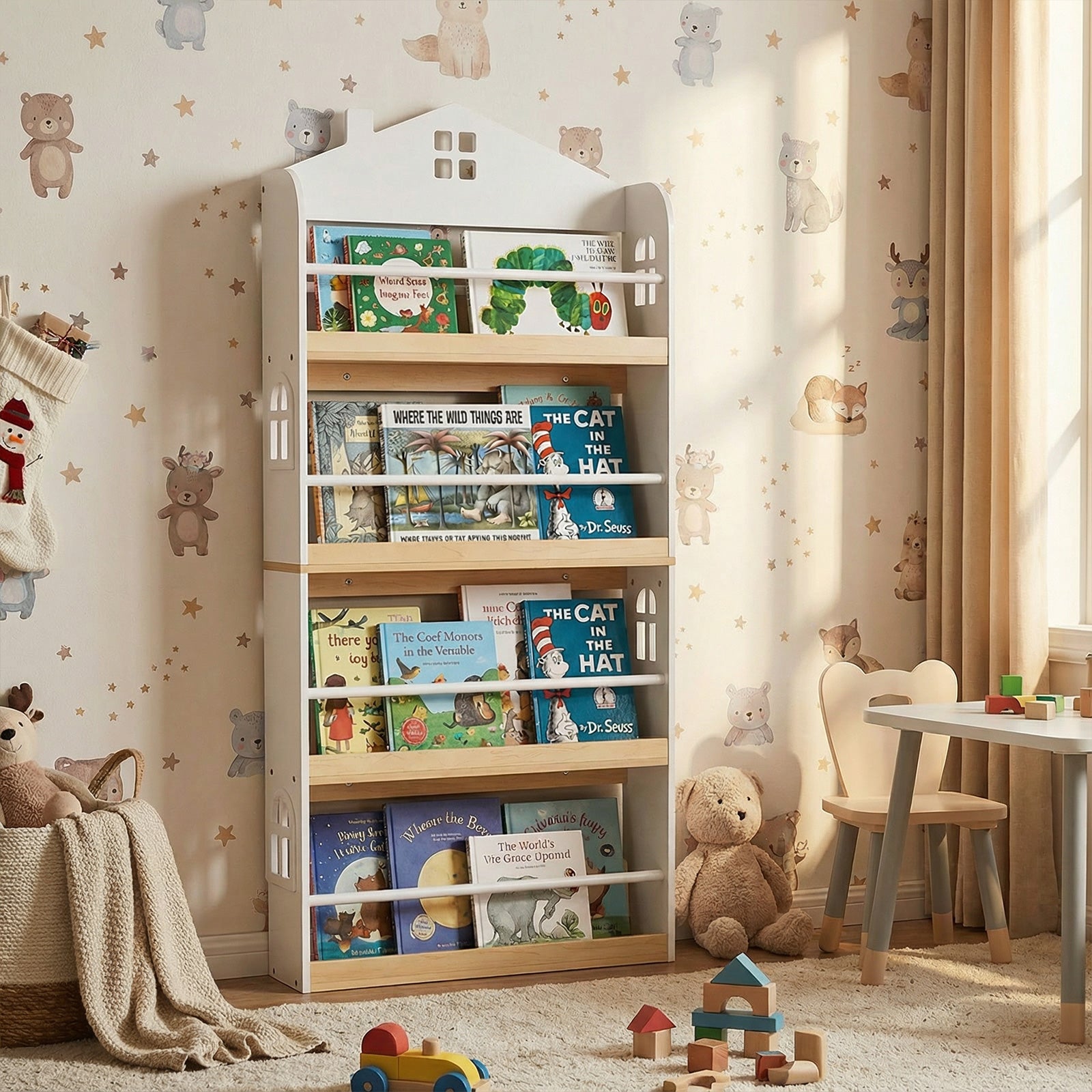Bibliothèque pour Enfants en Forme de Maison, Étagère à 4 Niveaux avec Barrières Anti-chute et Barres Métalliques, Conception avec Socle Réservé - 7