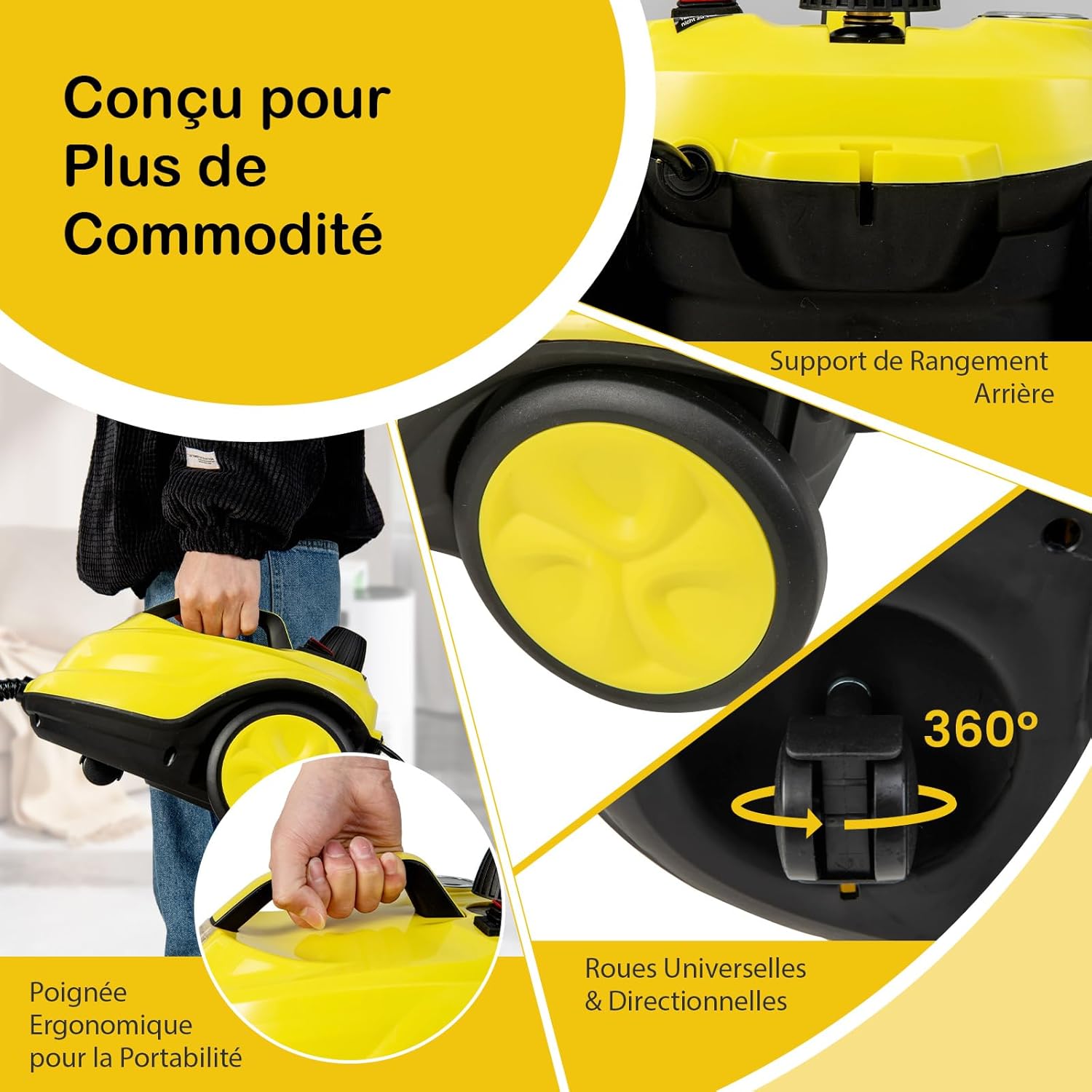 Versátil limpador a vapor de 2000 W, máquina de limpeza, limpador a vapor com reservatório de 1,8 L com 13 acessórios e manómetros, amarelo - 2