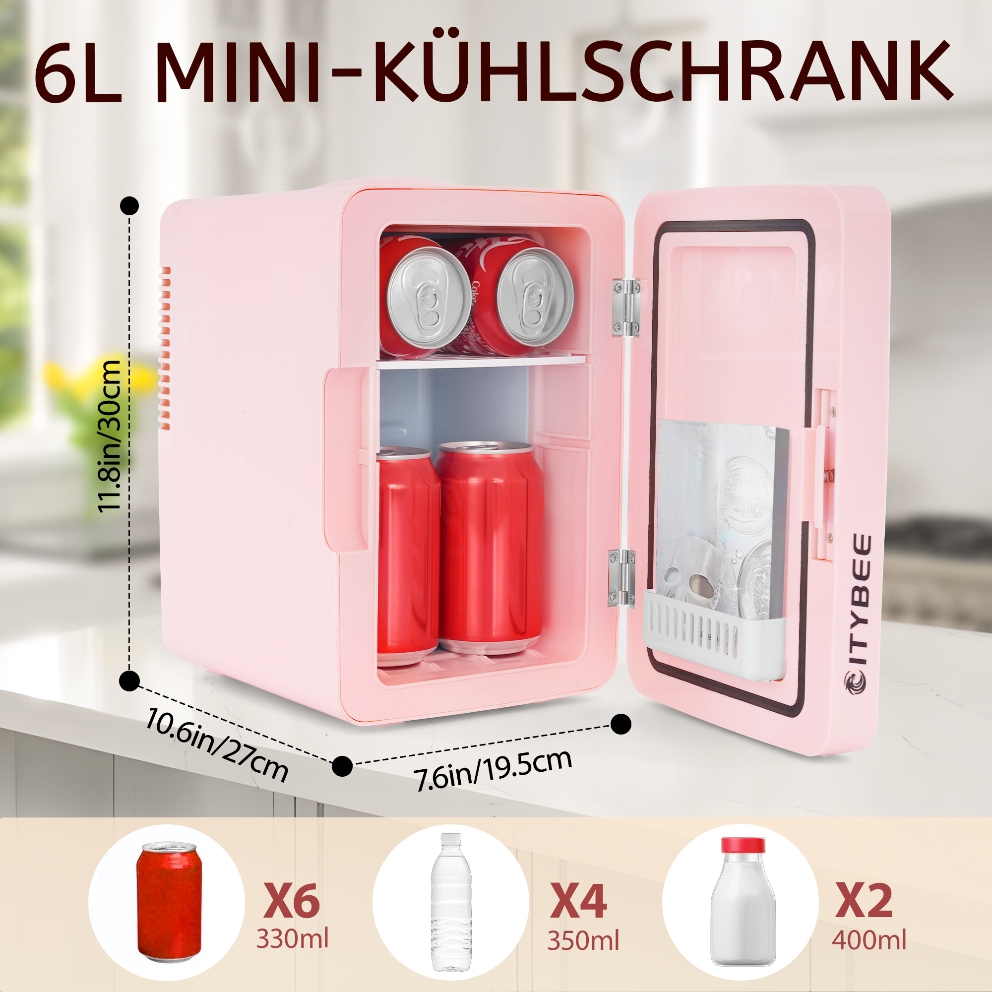 ZMH Mini nevera 6L - rosa Nevera pequeña 12V/230V, silenciosa con