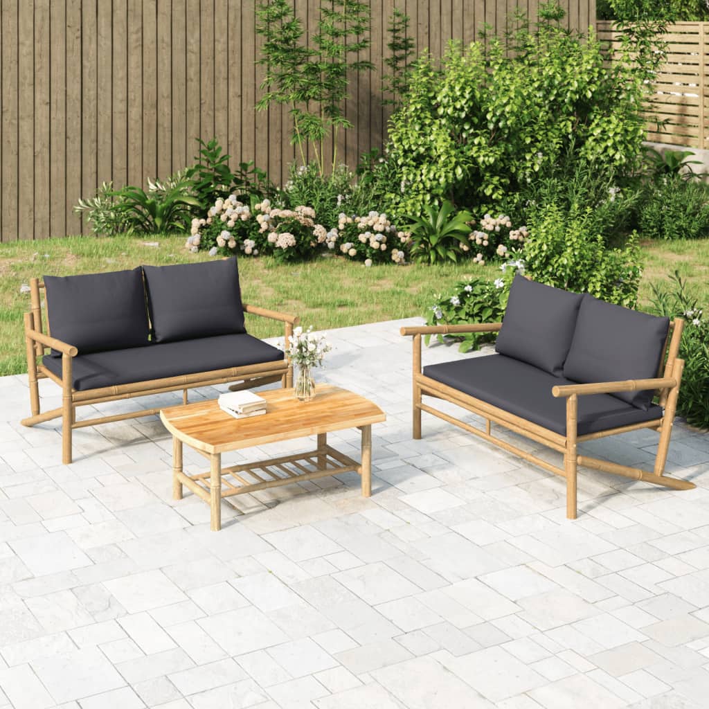 vidaXL Set de muebles de jardín 2 piezas bambú con cojines gris oscuro