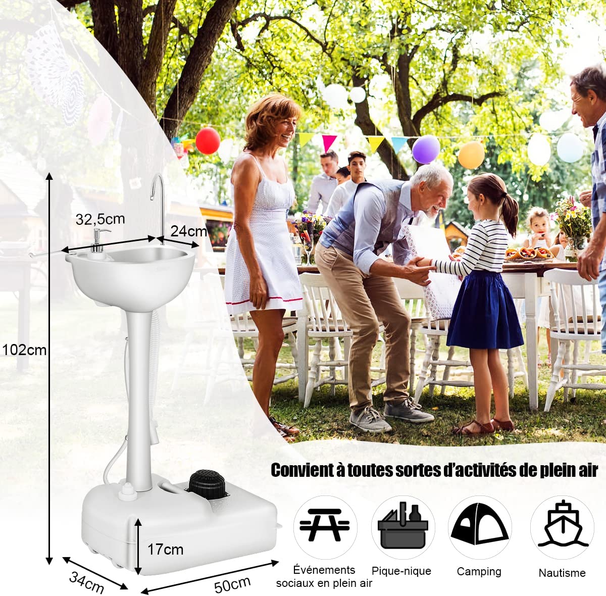 Évier de Camping à Pompe à Pied Portable avec Réservoir d'eau de 17L et Distributeur de Savon - 5
