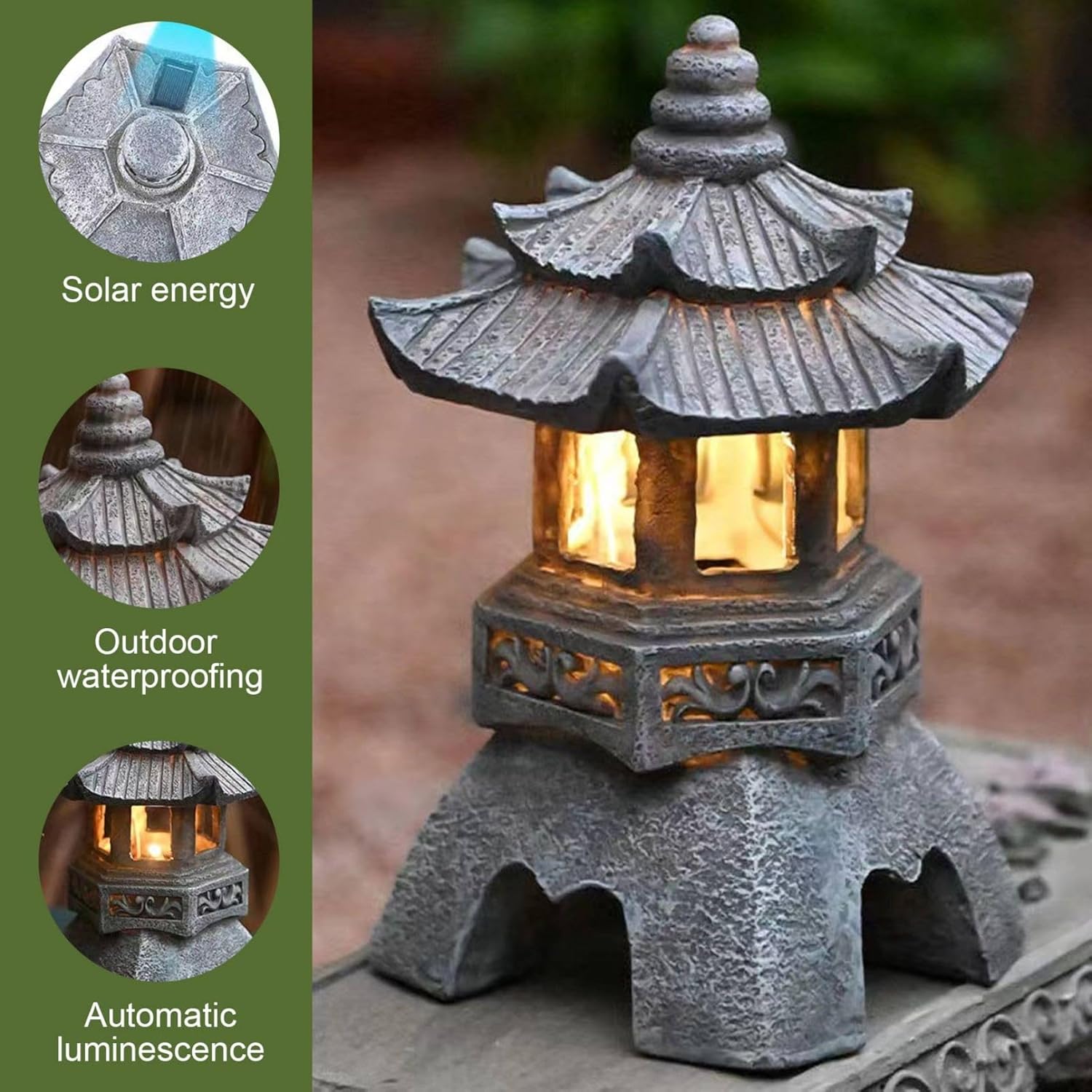Décoration de Jardin, Statue de Jardin Pagode, Style Japonais, Résine Résistante aux UV, Lanterne Solaire, Gris - 5