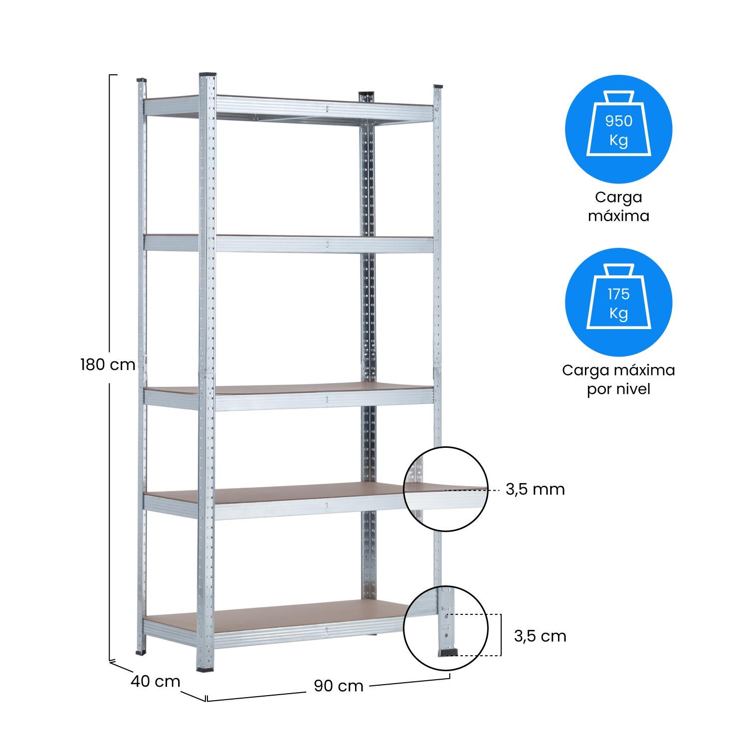 Pack de 2 Prateleiras Metálicas Modulares com 5 Prateleiras 875kg Prata 90x40x180cm Thinia Home - 6