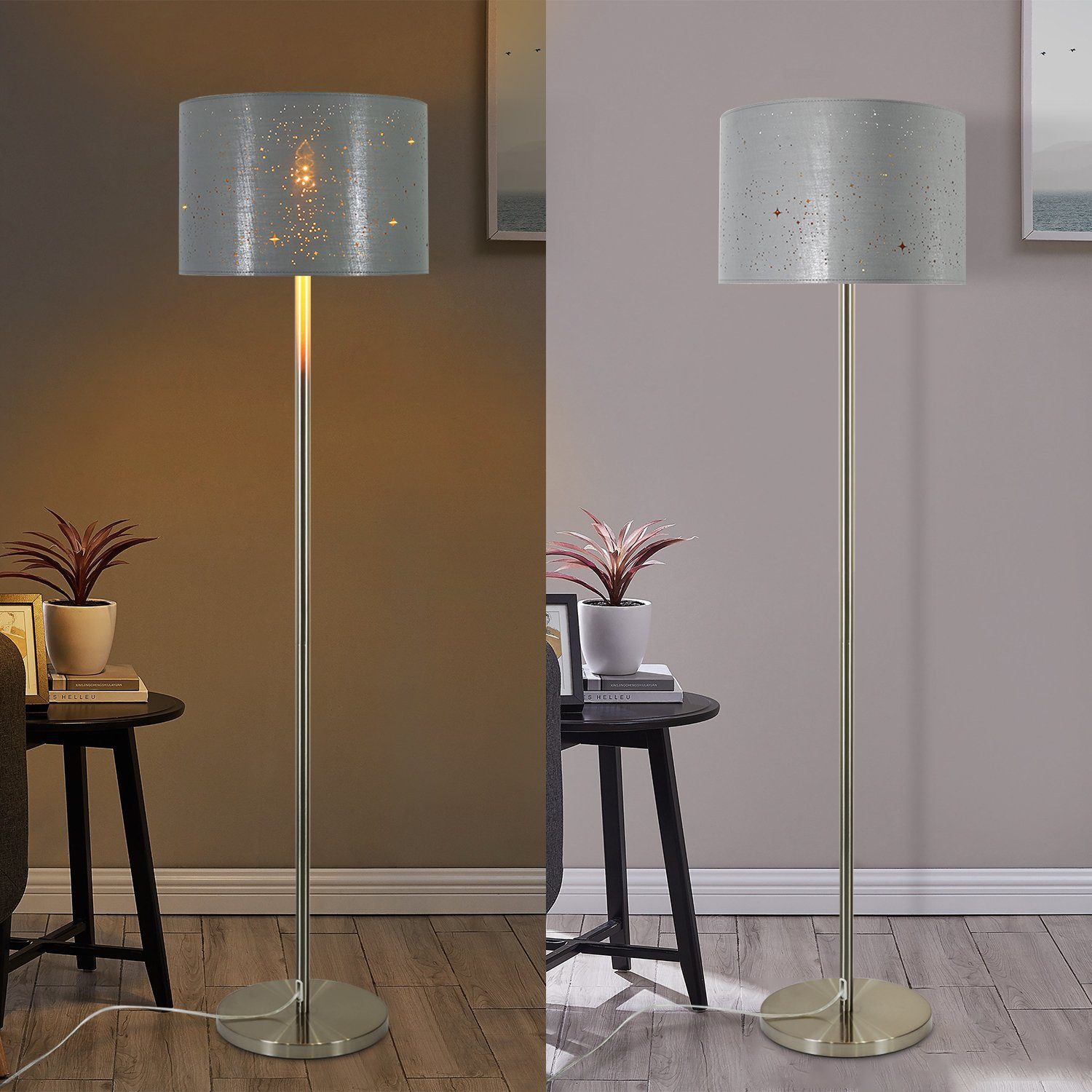 NETTLIFE Nowoczesna lampa podłogowa do salonu - Lampa podłogowa z kloszem w kształcie gwiazdy w kolorze złoto-szarym, 144 cm, z włącznikiem nożnym - 4