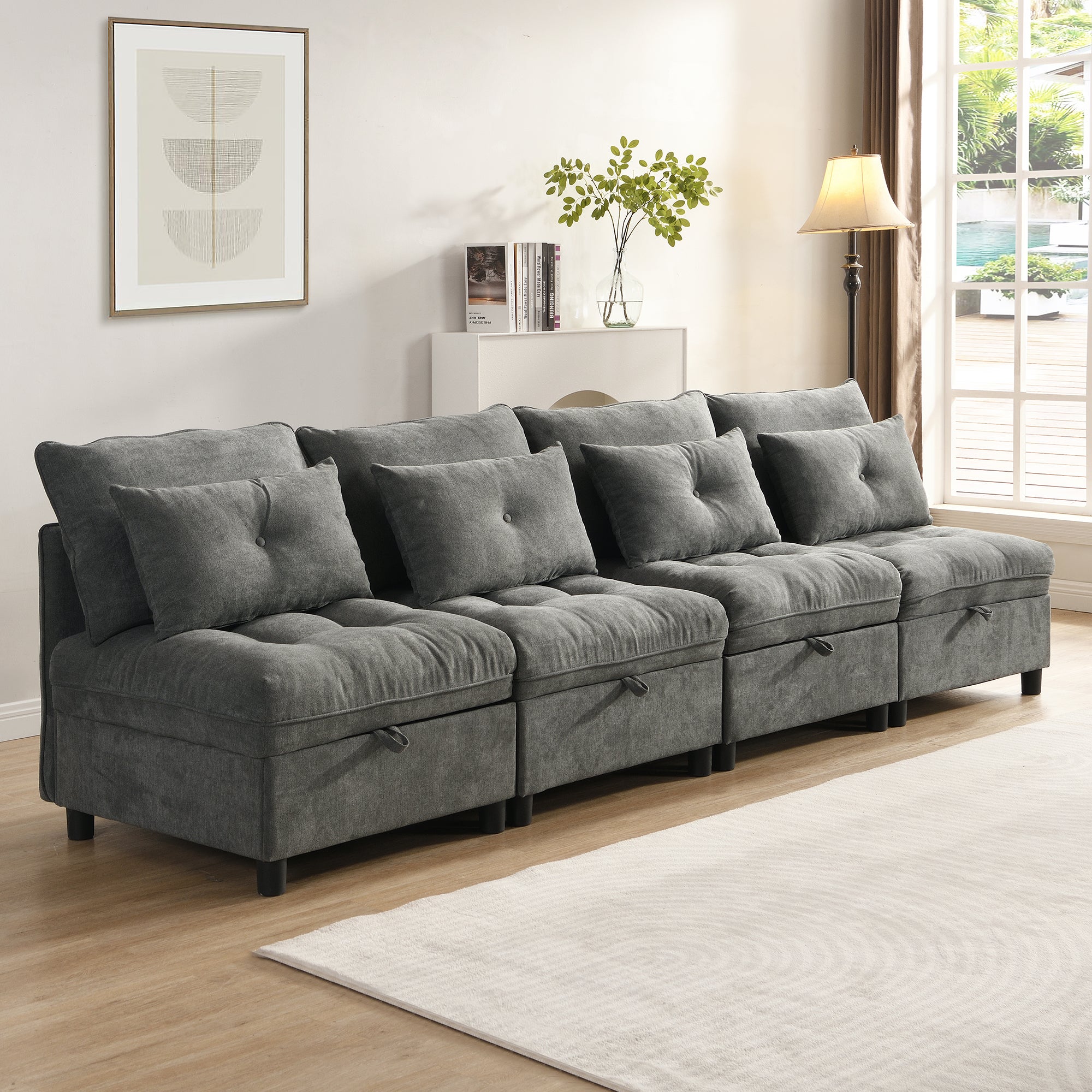 Modułowa sofa 4-osobowa + schowek + tapicerka szenilowa - z funkcją spania - Szara - 2