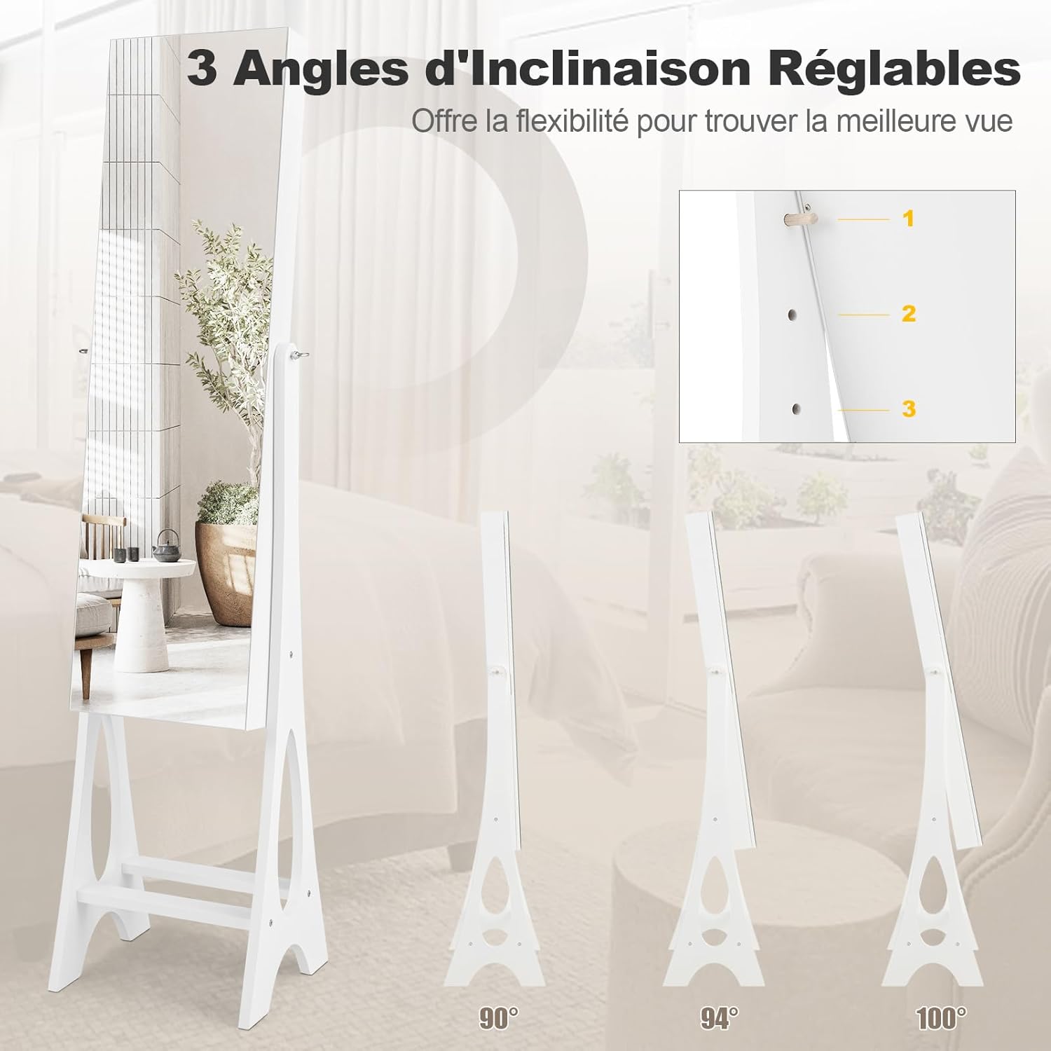 Armoire à Bijoux sur Pied avec Lumières LED et Miroir,avec Miroir Plein Longueur sur le Miroir,Organisateur d'Armoire à Bijoux,3 Etagères (Blanc) - 4
