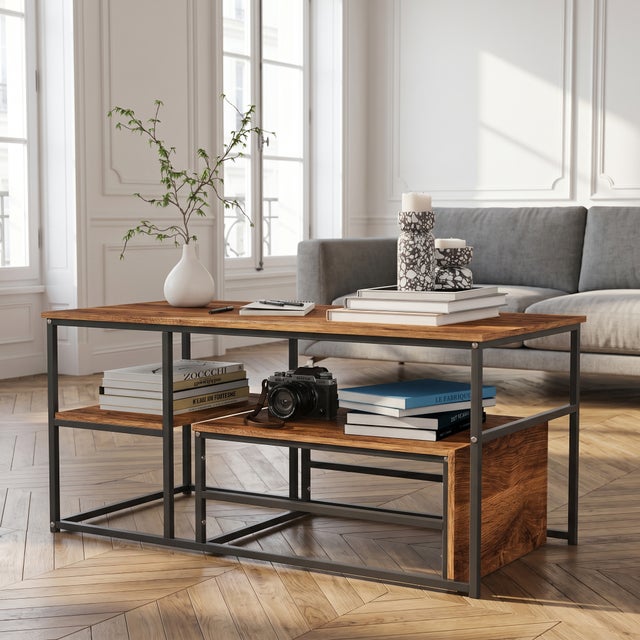 Lot de 2 tables basses gigognes avec 1 cloison,table basse carrée 2 en 1 modulaire,Pieds de table noir,Table d'appoint vintage,Marron