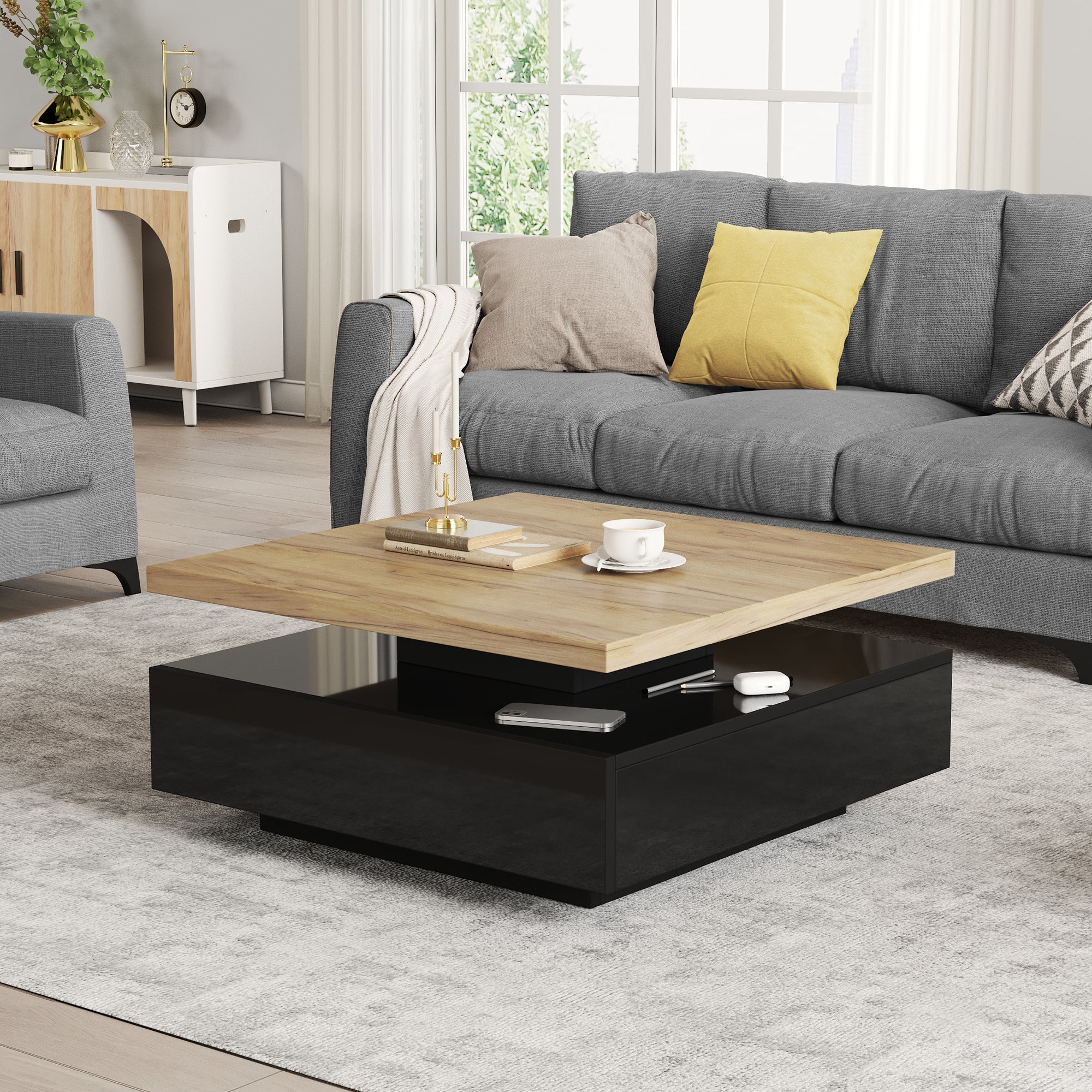 Stolik kawowy kwadratowy z obrotowym blatem i 1 szufladą - 70 x 70 x 36 cm - Płyta wiórowa - Drewno naturalne i czerń - 4