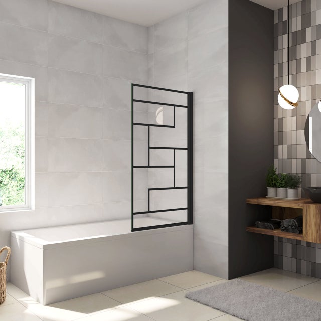 80x140cm Parete Vasca Doccia Sopravasca Singolo Pannello Girevole in Vetro Temperato 6 mm Trasparente con Riquadri Neri