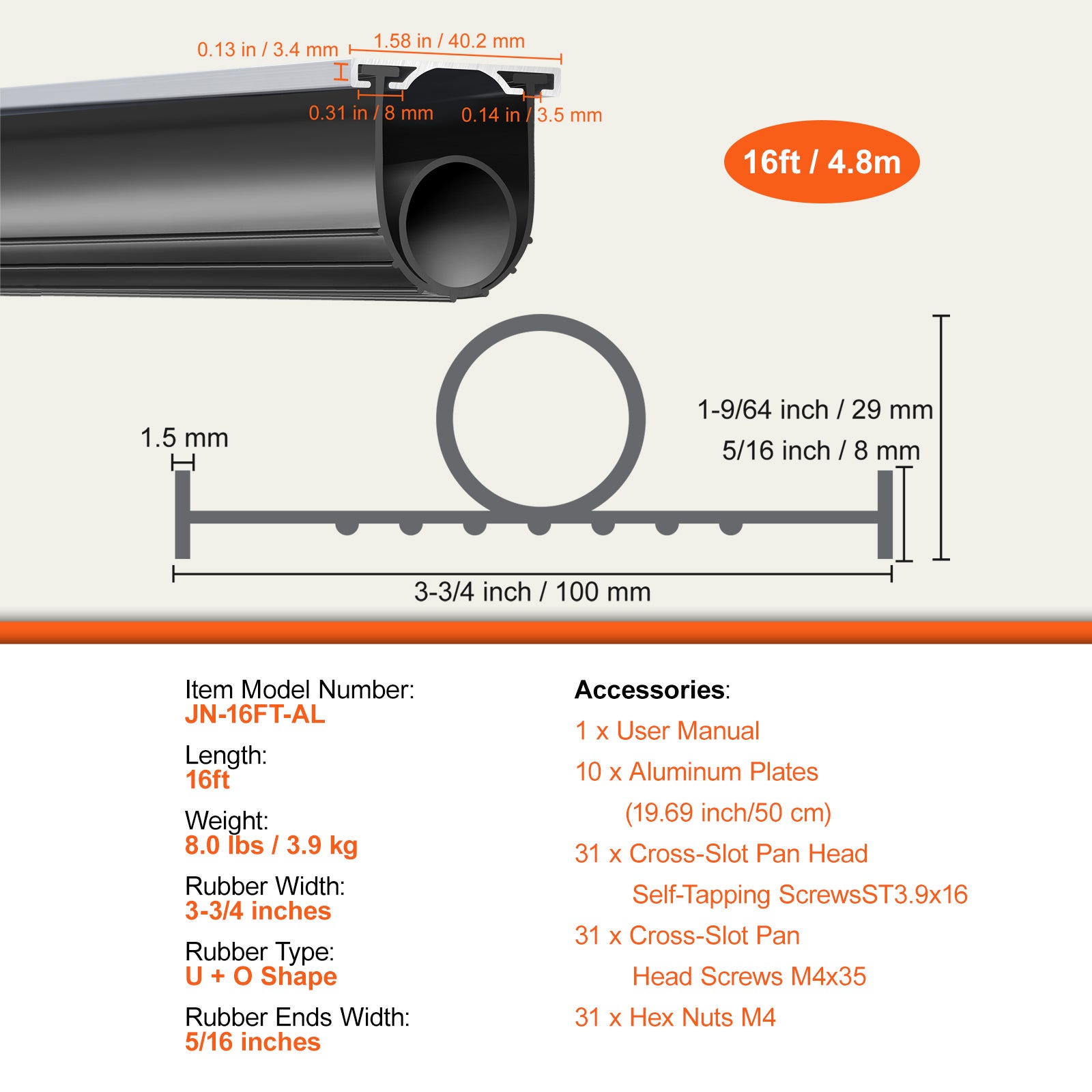 Joints de Porte SucceBuy de Garage 16 Pi, Caoutchouc Noir Forme U + Torique, Extrémités T 5/16