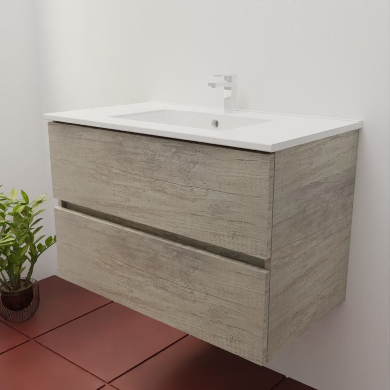 Meuble salle de bain suspendu 80 cm ROSALY INOX- Bois- Plan vasque en Céramique - 2