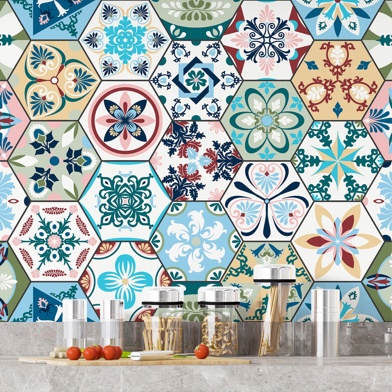 Crédence adhésive sticker décoratif pour cuisine - Effet carreaux de ciment - Adhésif + Protection MATE - 55x71,5 cm - 4