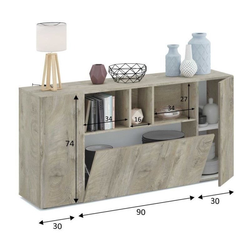 Buffet LOIRA - Mélaminé blanc artik et chene - 3 portes + 3 niches de rangement - L 150 x P 41 x H 76 cm - 5