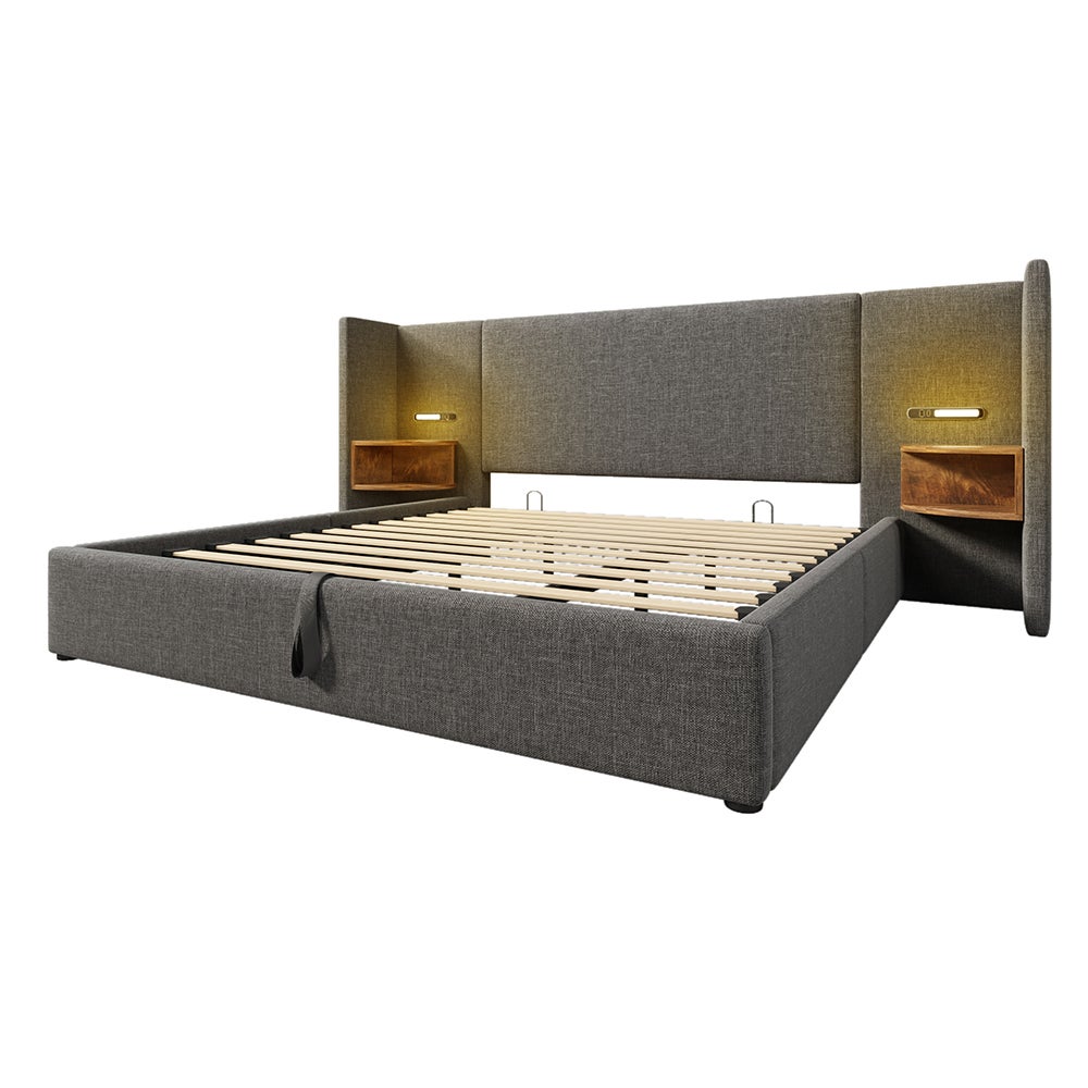 Lit double capitonné (180 x 200) avec tête de lit, liseuse et chargeur USB Type-C, cadre en bois massif et métal, gris, lin (matelas non inclus). - 7