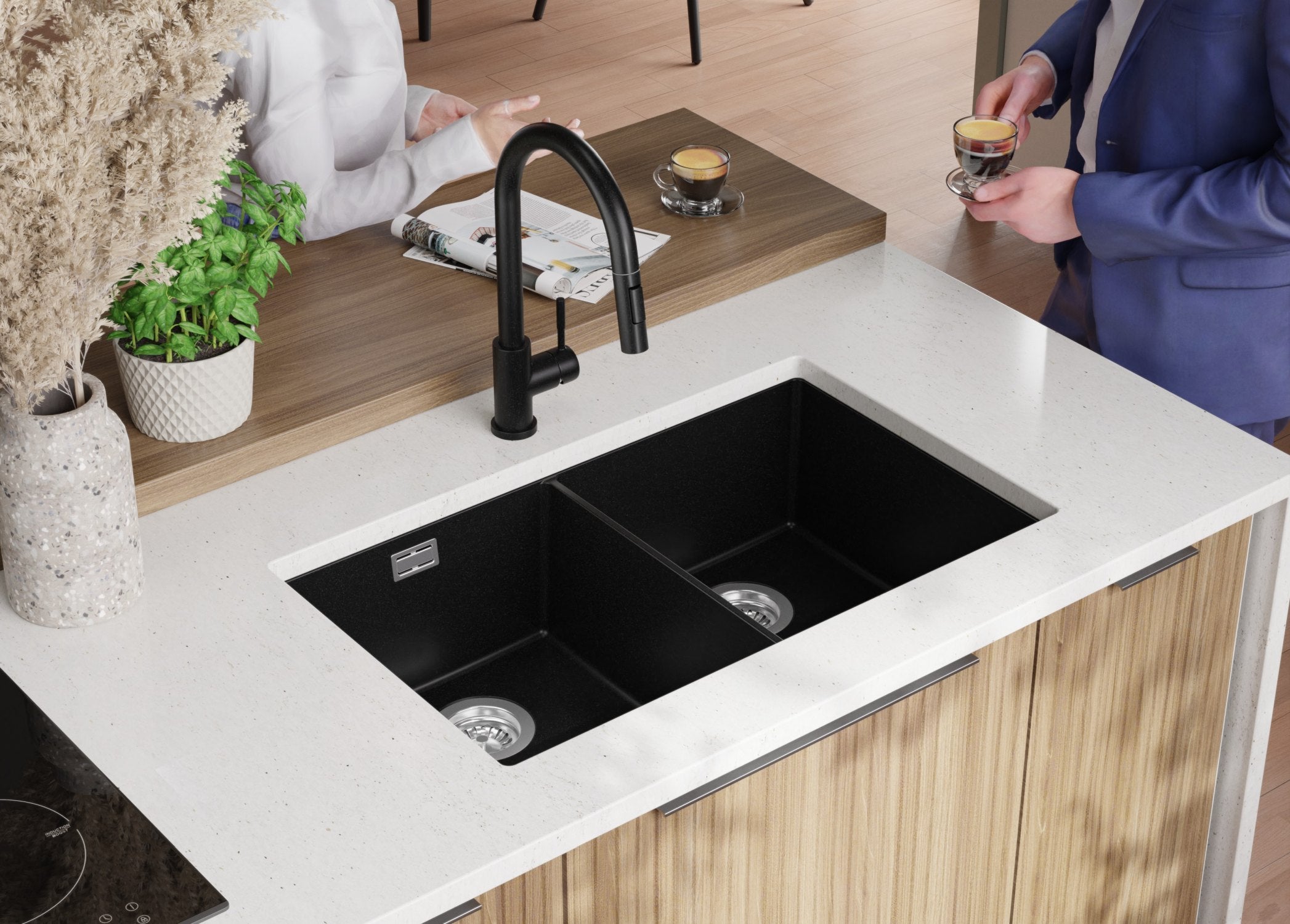 Evier Sous Plan Tout Noir 76x47cm, Evier en Granit 2 bacs + Kit de Vidage, Évier au meuble 80cm - London Twin PRIMAGRAN - 4