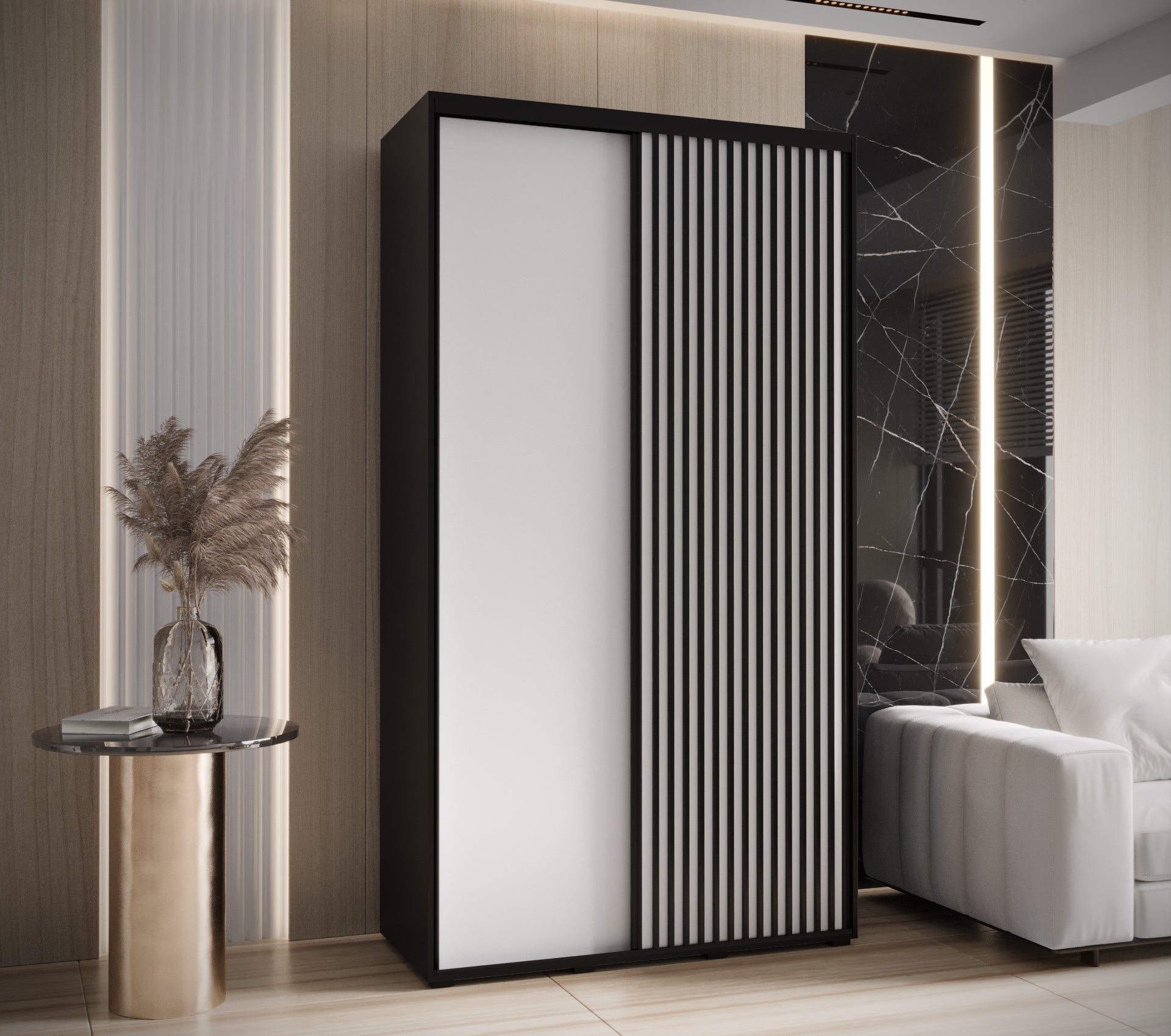 Szafa przesuwna wysoka Lanko 1 140 x 45 x 235,2 cm czarny + biały + lamele czarny - Abiks Meble - 2
