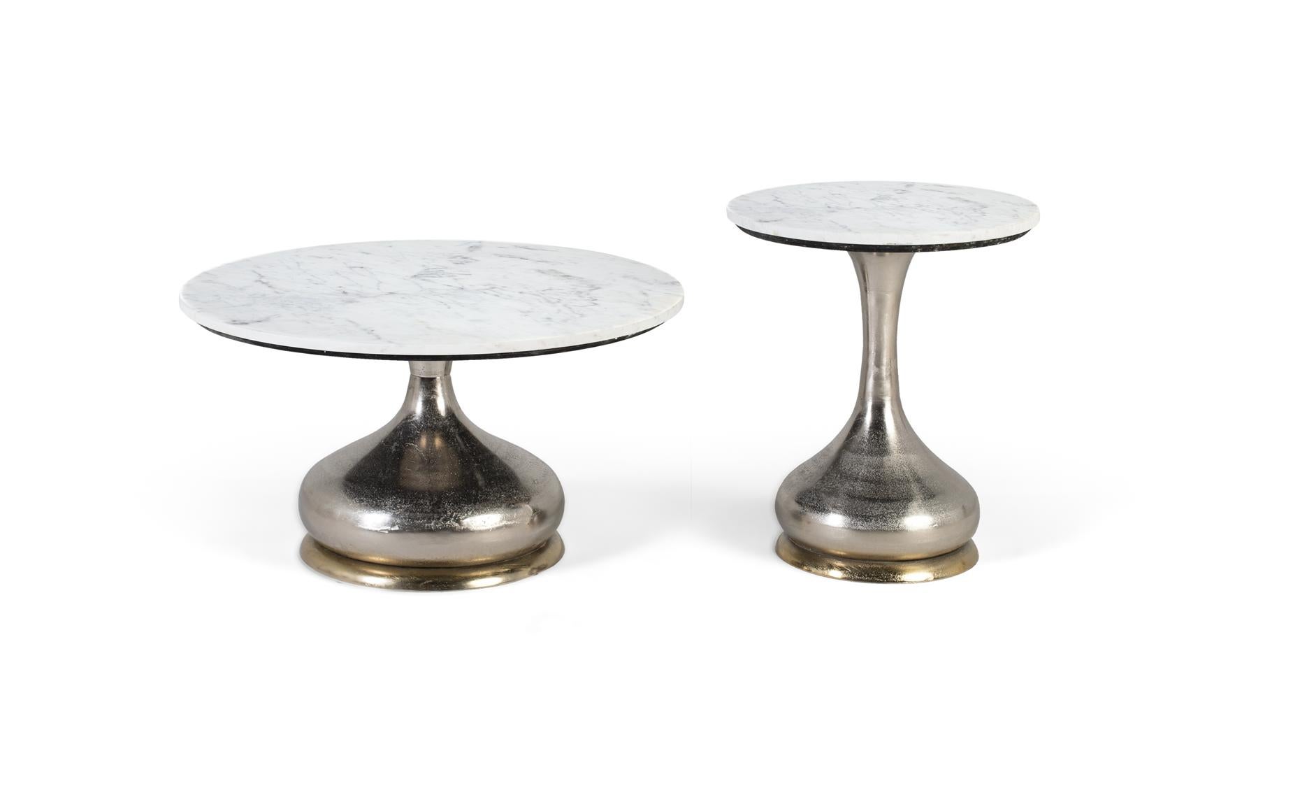 Lot de 2 tables basses avec un tiroir - plateau en MDF à motif de marbre - Blanc