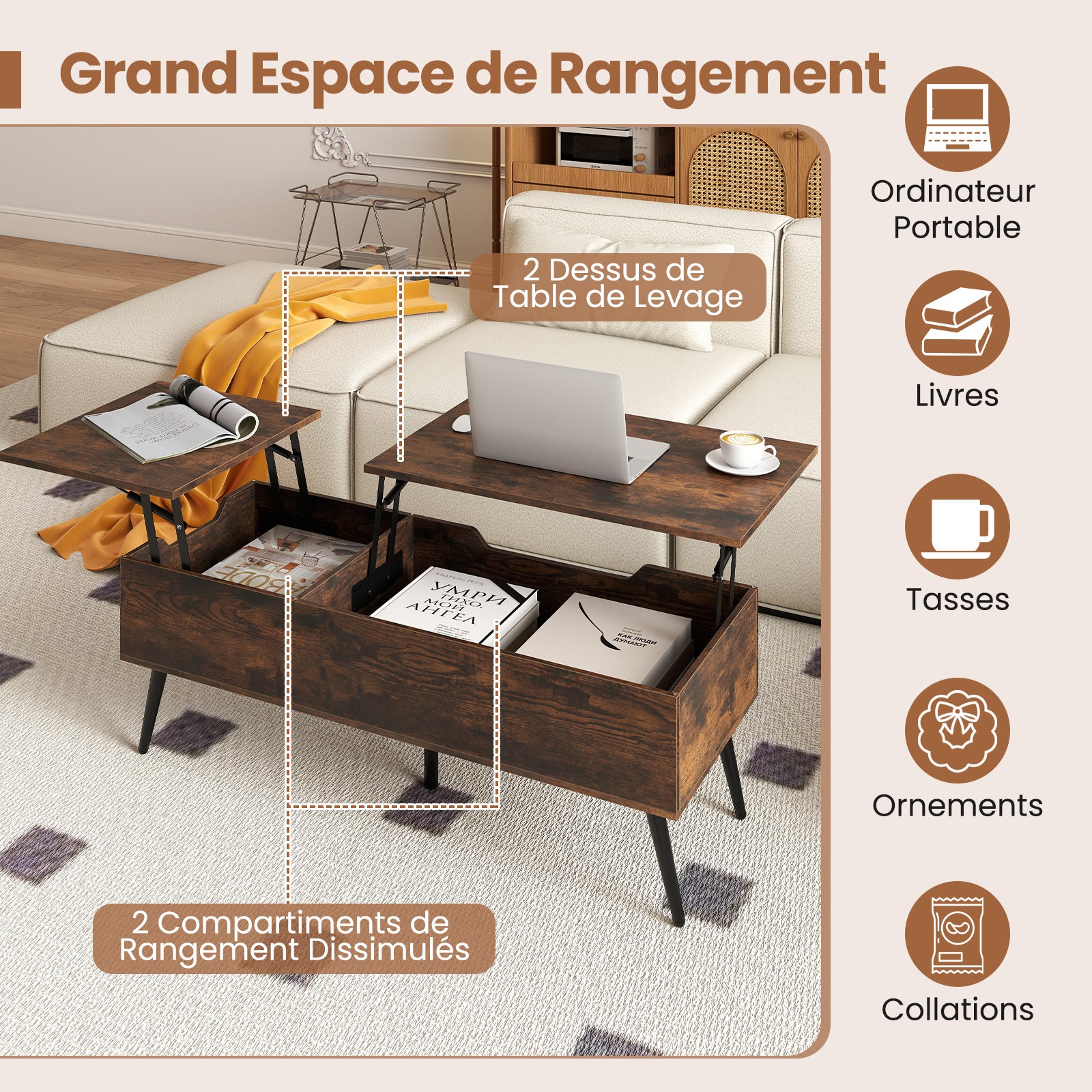 Stolik kawowy z regulacją wysokości, stół do salonu z podnoszonym blatem i 2 ukrytymi półkami, sbiura, 111 x 48 x 40-53,5 cm (brązowy) - 4