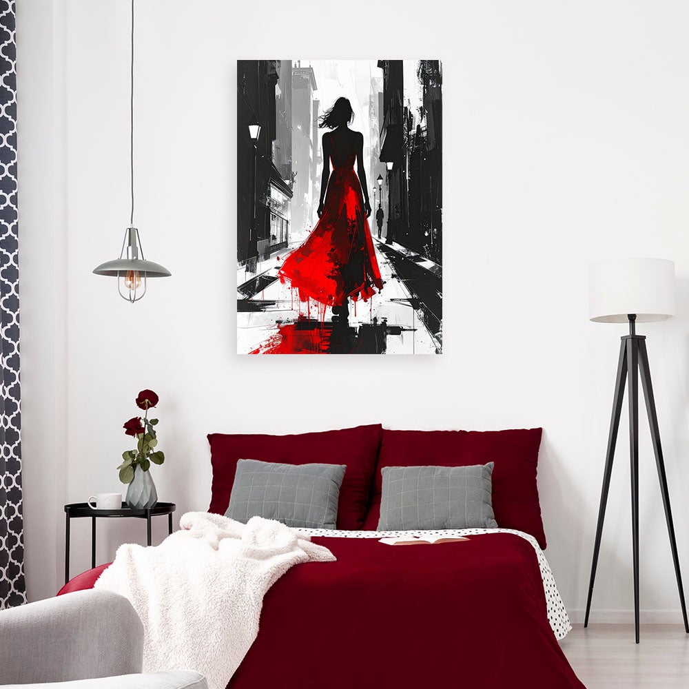 Obraz do sypialni salonu, Abstrakcja Kobieta w czerwonej sukience idąca uliczką 80x120 - 2