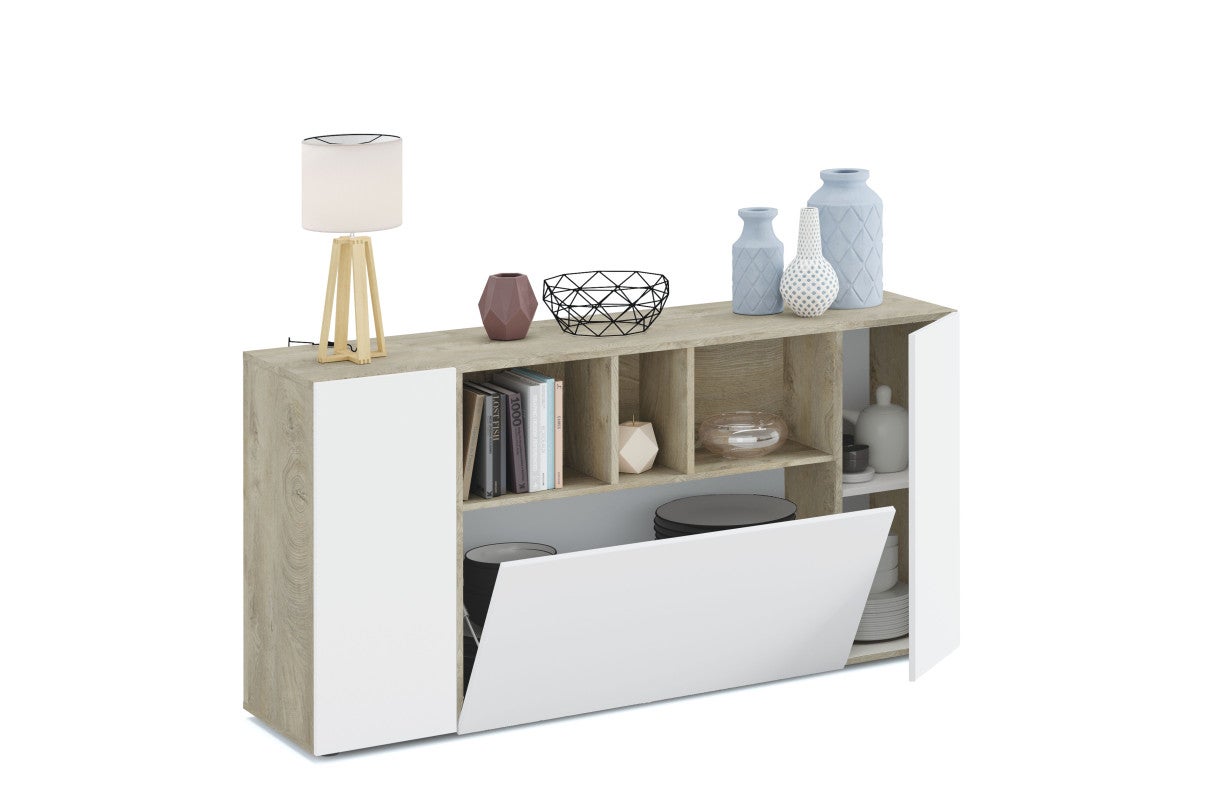 Buffet LOIRA - Mélaminé blanc artik et chene - 3 portes + 3 niches de rangement - L 150 x P 41 x H 76 cm - 7